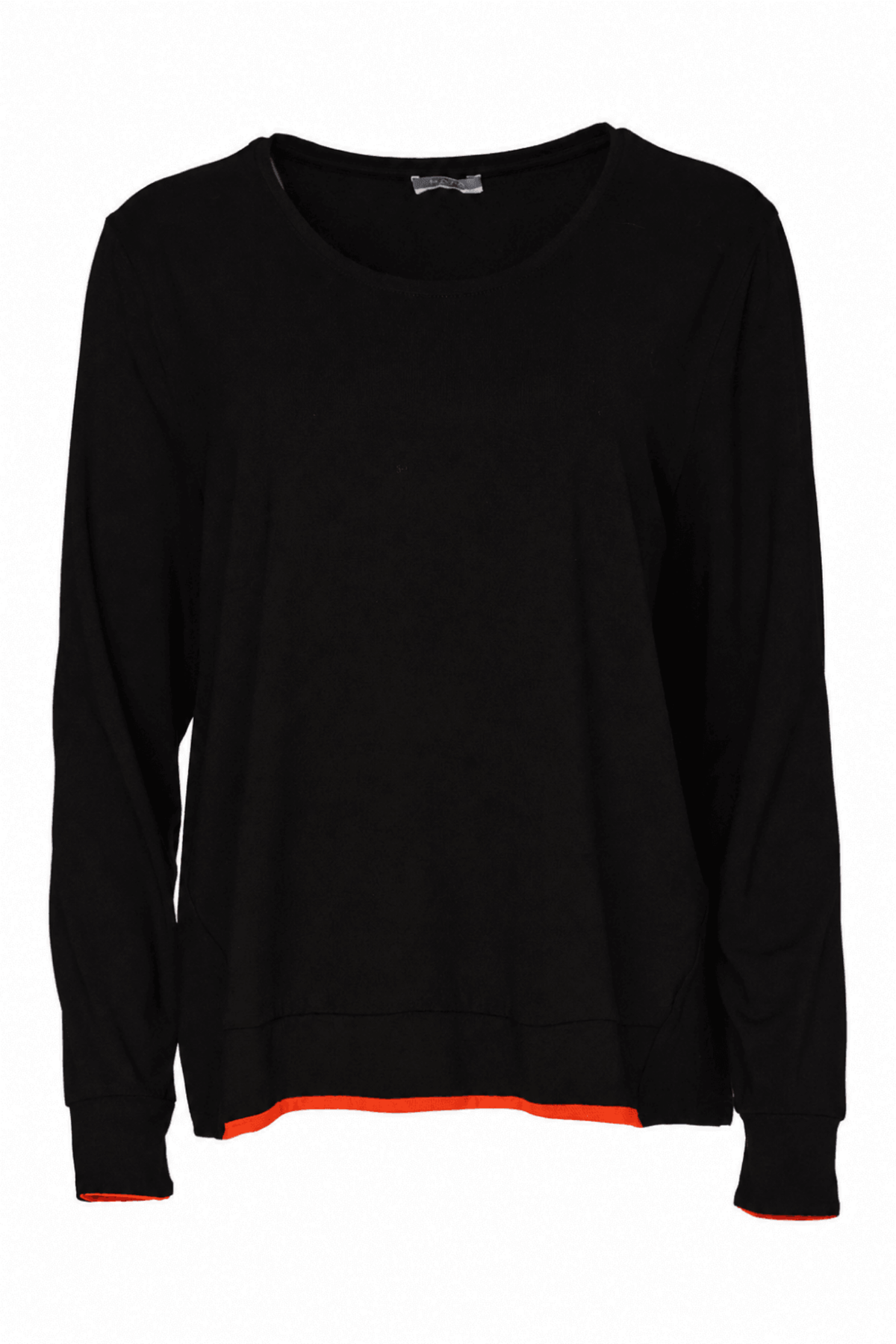 A relaxed NAYA jersey top in black with zesty tigerlily contrast trim at the cuffs and hem. Easy to pull on and easy to wear. Shop at Dotique.