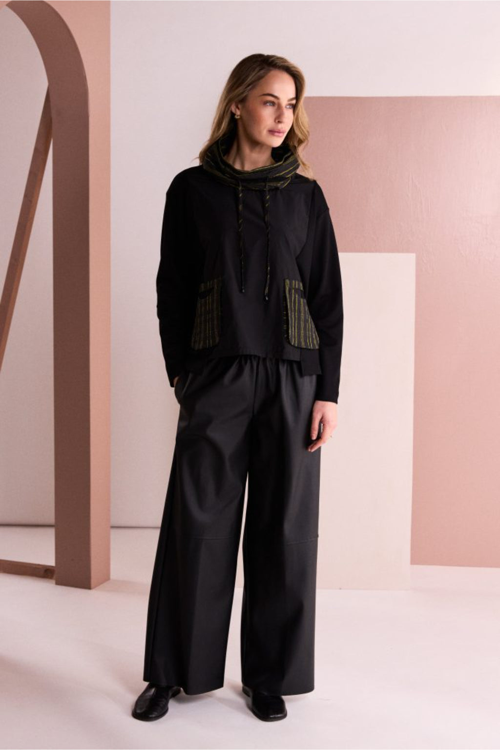 Naya NAW26153 Top with Stripe Drawstring Neck and Pocket Detail Black/Avocado Shop Naya at Dotique