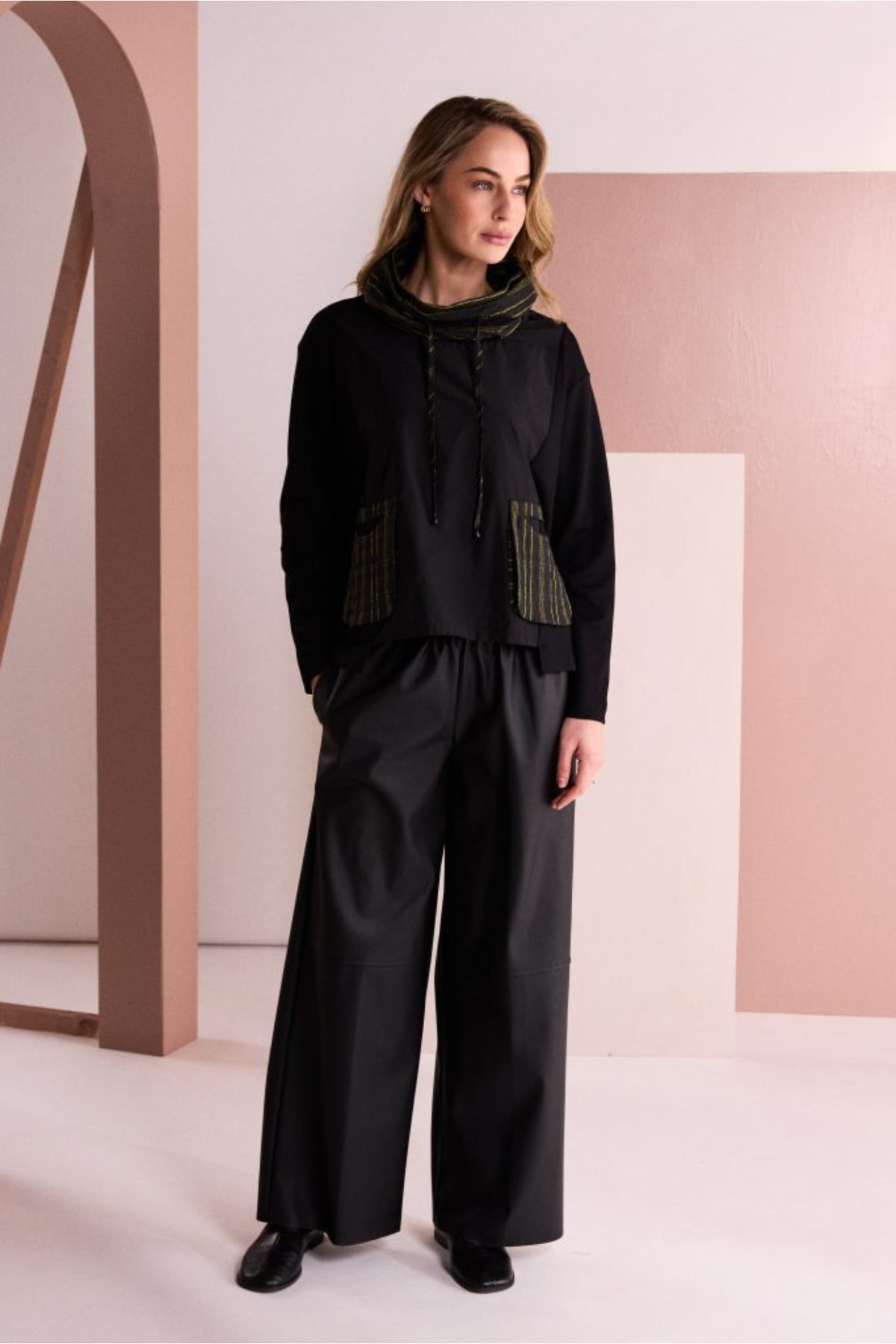 Naya NAW26153 Top with Stripe Drawstring Neck and Pocket Detail Black/Avocado Shop Naya at Dotique