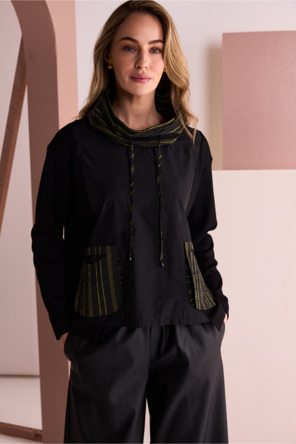 Naya NAW26153 Top with Stripe Drawstring Neck and Pocket Detail Black/Avocado. Shop Naya at Dotique.