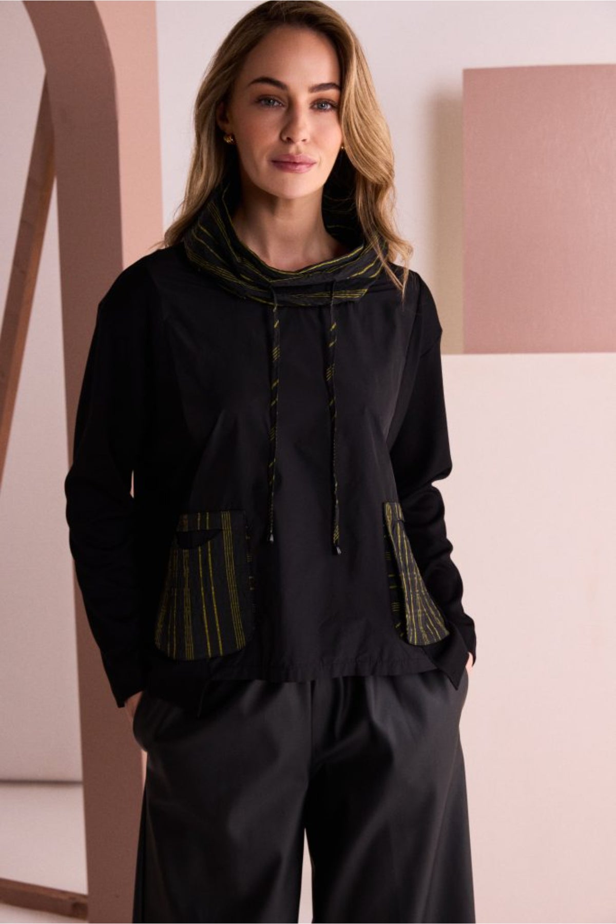 Naya NAW26153 Top with Stripe Drawstring Neck and Pocket Detail Black/Avocado. Shop Naya at Dotique.