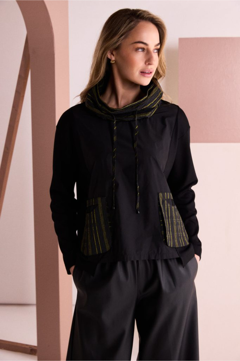 Naya NAW26153 Top with Stripe Drawstring Neck and Pocket Detail Black/Avocado Shop Naya at Dotique