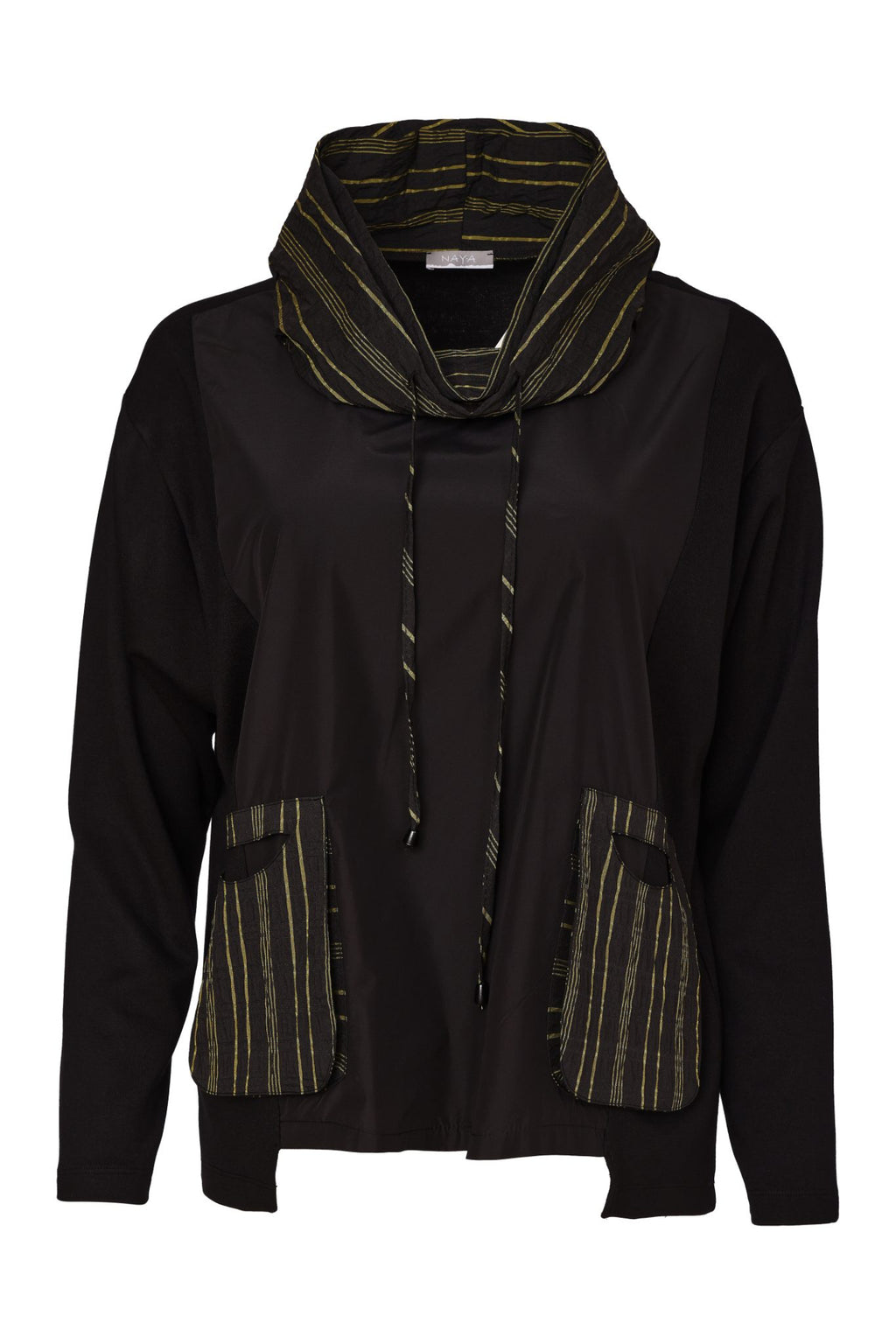 Naya NAW26153 Top with Stripe Drawstring Neck and Pocket Detail Black/Avocado Shop Naya at Dotique
