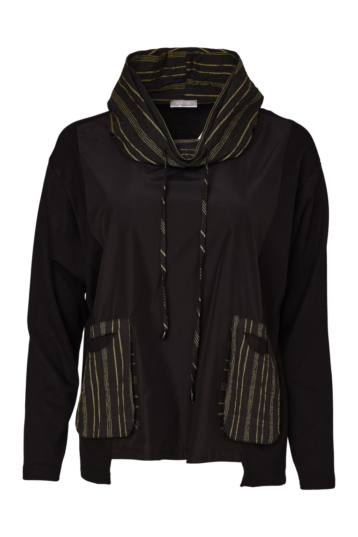 Naya NAW26153 Top with Stripe Drawstring Neck and Pocket Detail Black/Avocado Shop Naya at Dotique