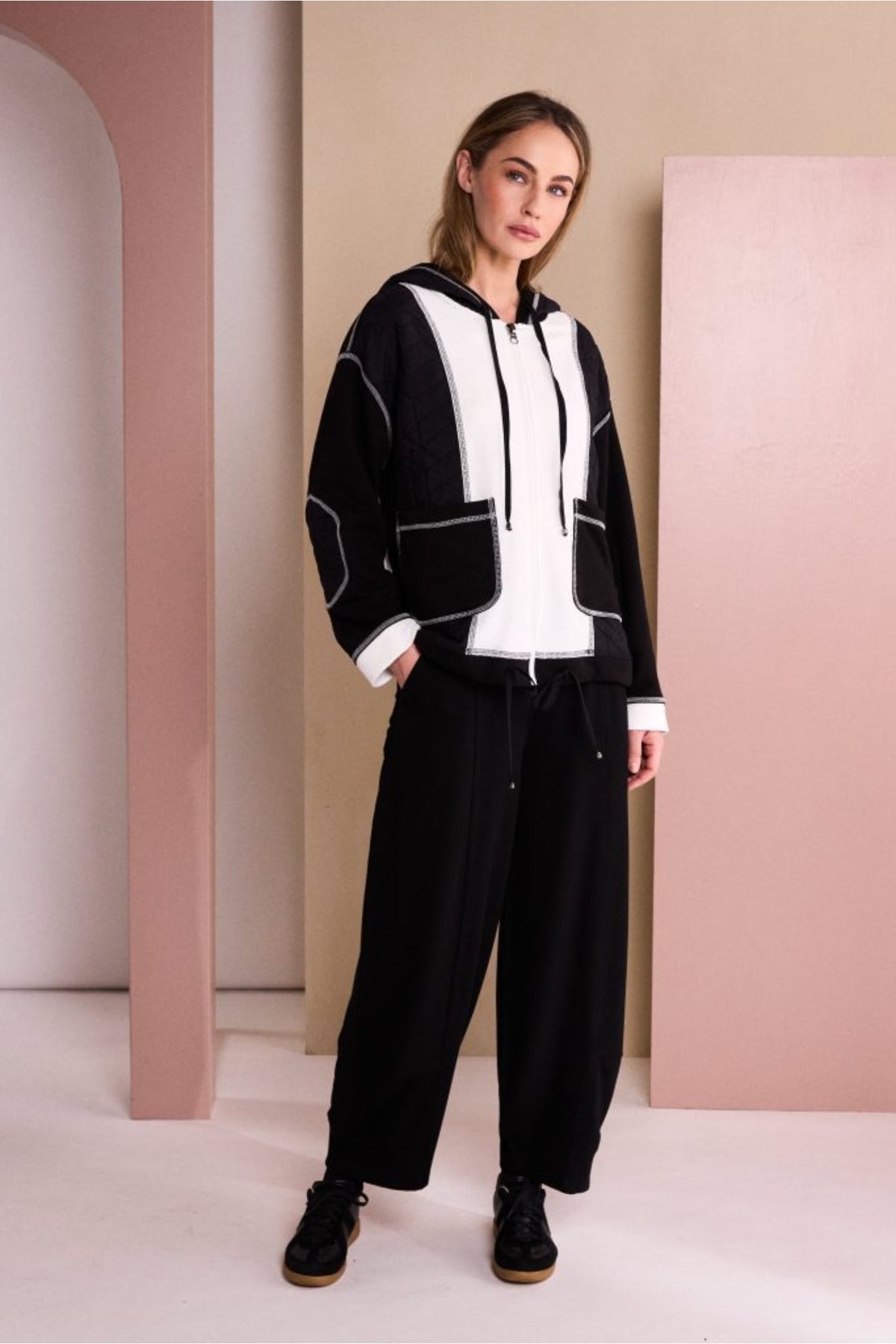 Naya NAW26168 Two Tone Black & Winter White Jacket With Coverseam Stitch Detail