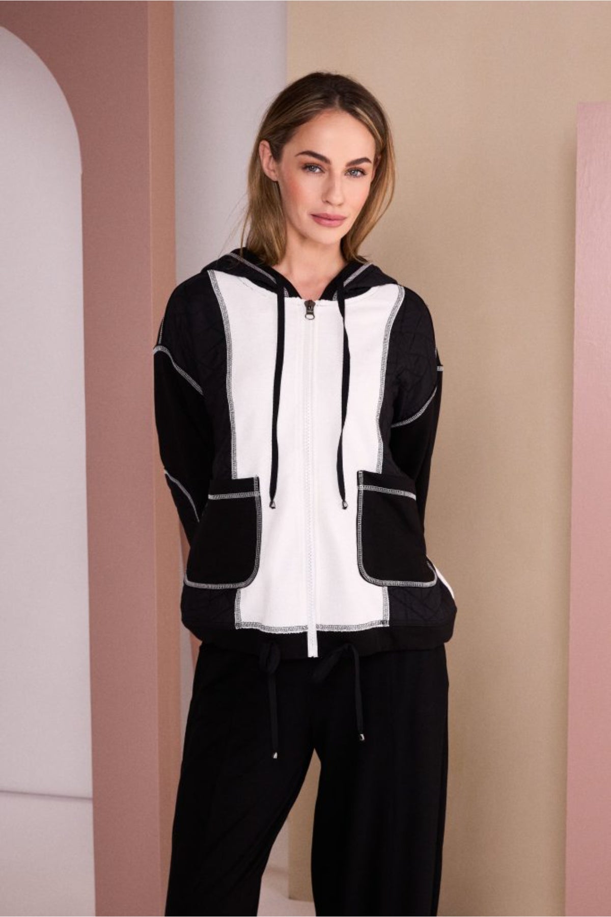 Naya NAW26168 Two Tone Black & Winter White Jacket With Coverseam Stitch Detail