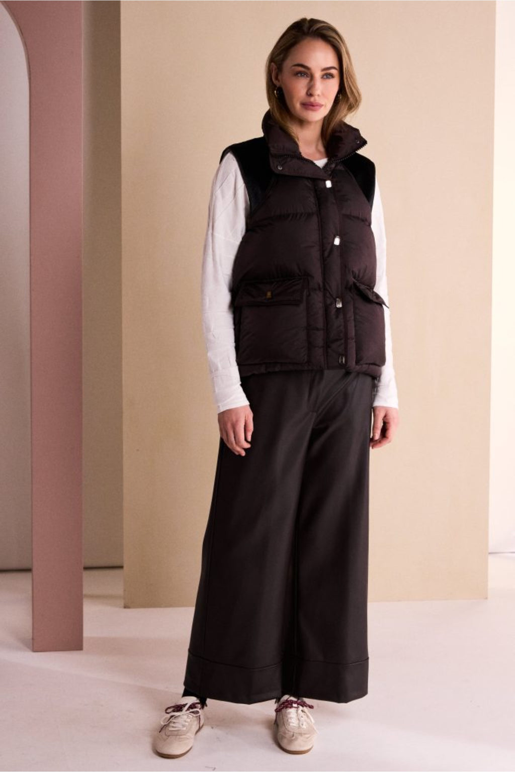 Naya NAW26176 Brown Quilted Waistcoat With Drawstring Hem With Contrast Shoulder