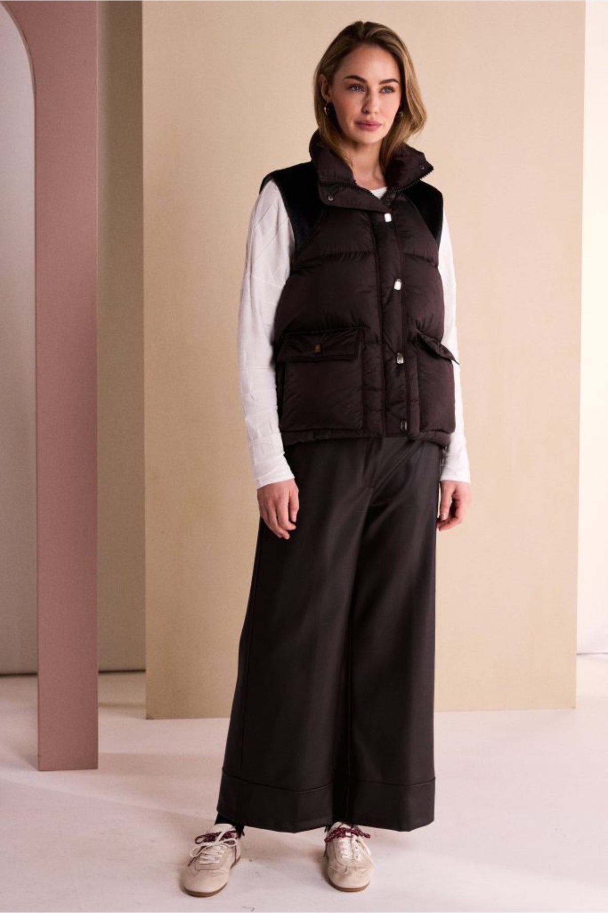 Naya NAW26176 Brown Quilted Waistcoat With Drawstring Hem With Contrast Shoulder