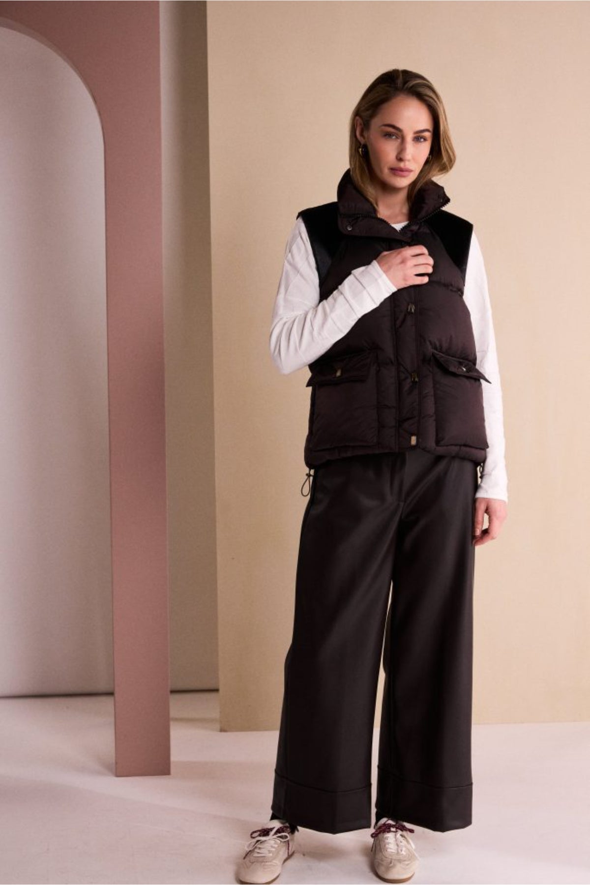 Naya NAW26176 Brown Quilted Waistcoat With Drawstring Hem With Contrast Shoulder