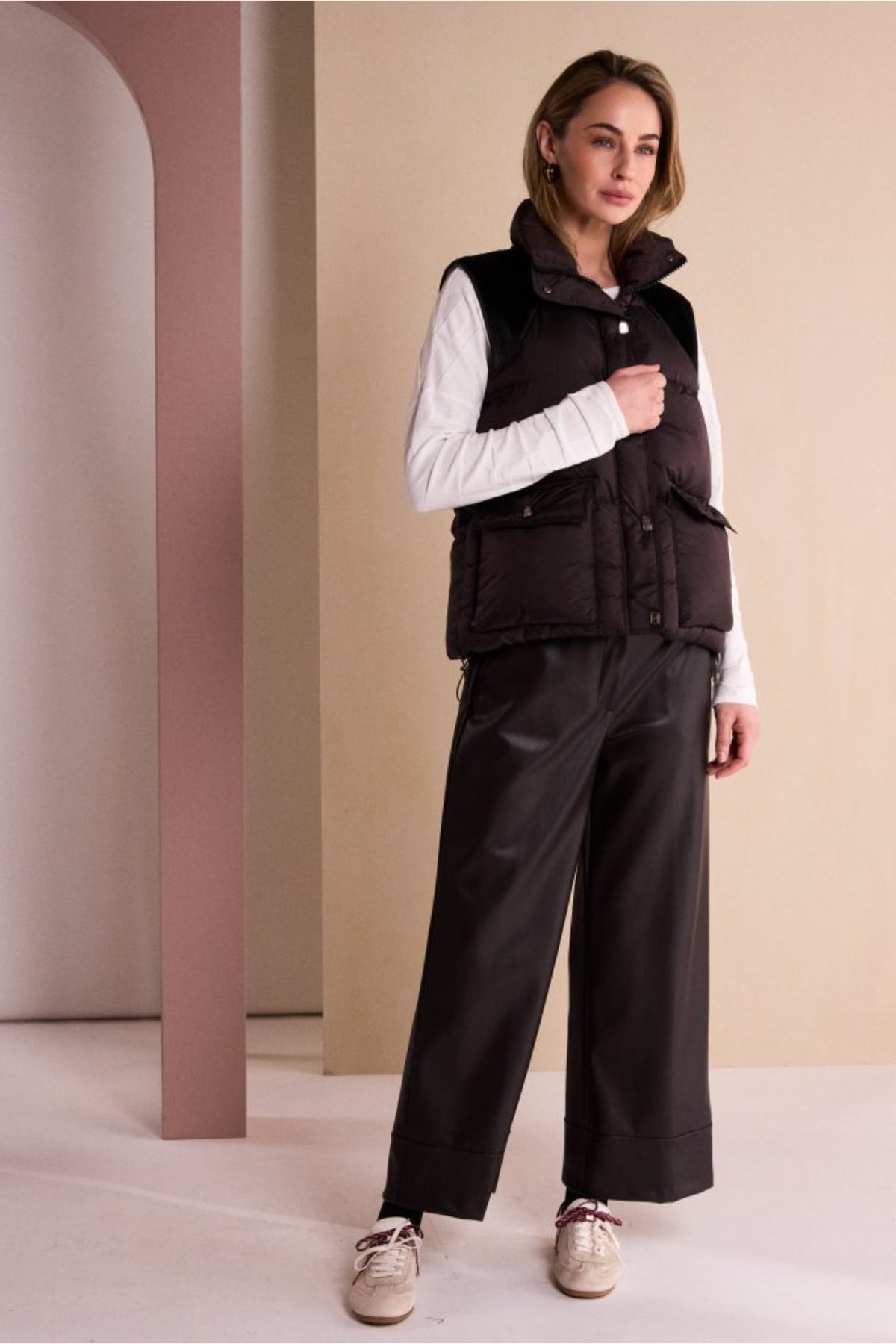 Naya NAW26176 Brown Quilted Waistcoat With Drawstring Hem With Contrast Shoulder