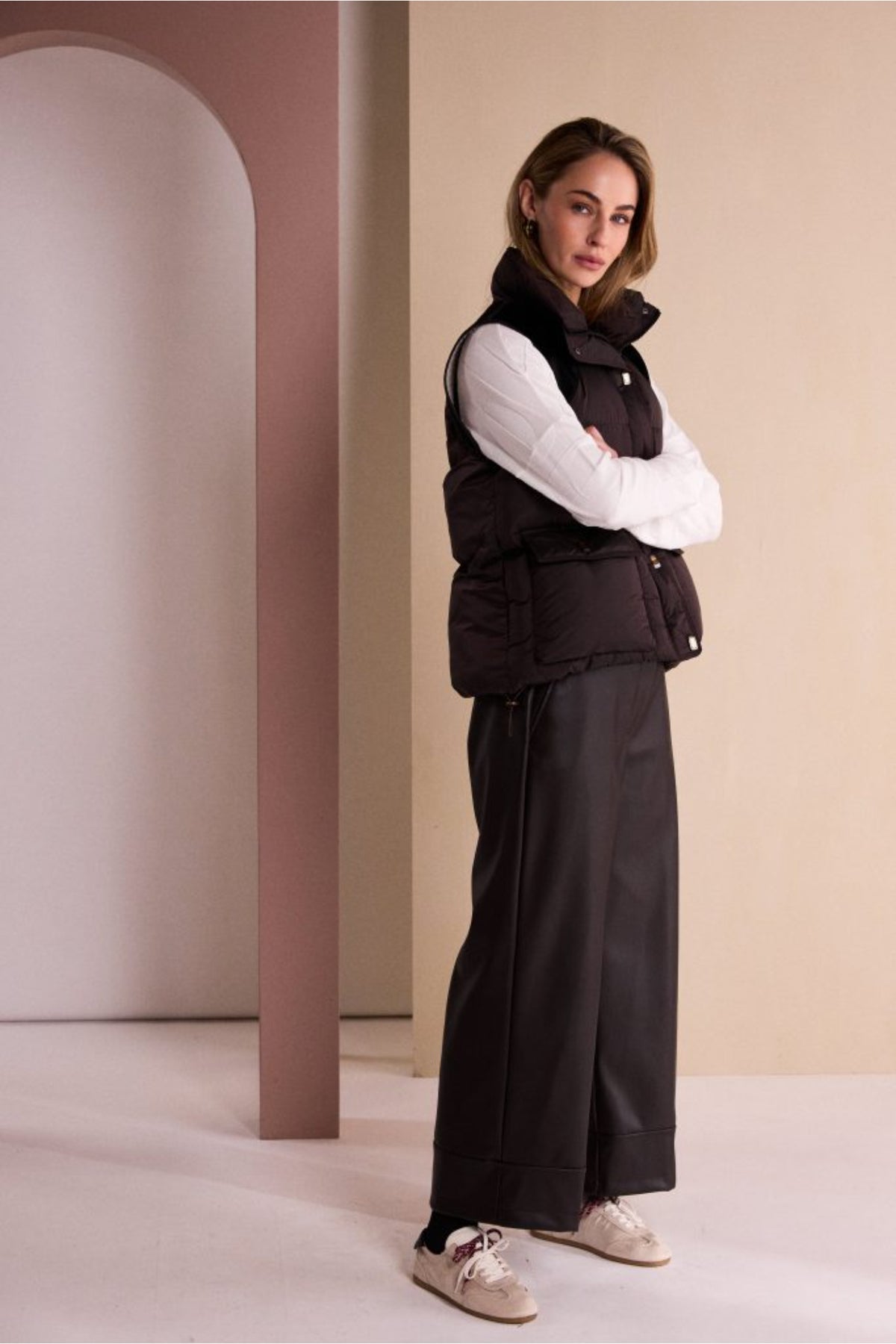 Naya NAW26176 Brown Quilted Waistcoat With Drawstring Hem With Contrast Shoulder