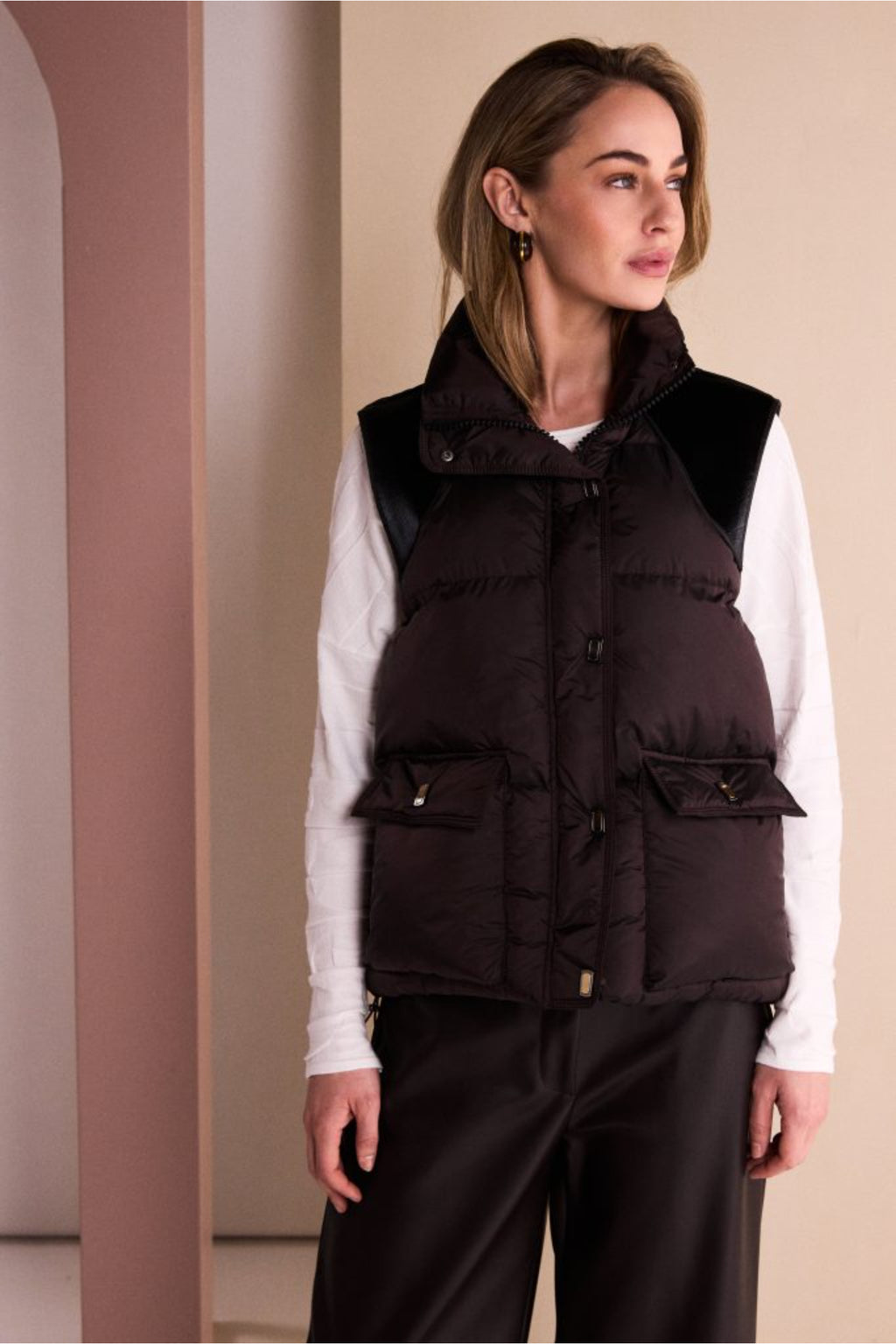 Naya NAW26176 Brown Quilted Waistcoat With Drawstring Hem With Contrast Shoulder