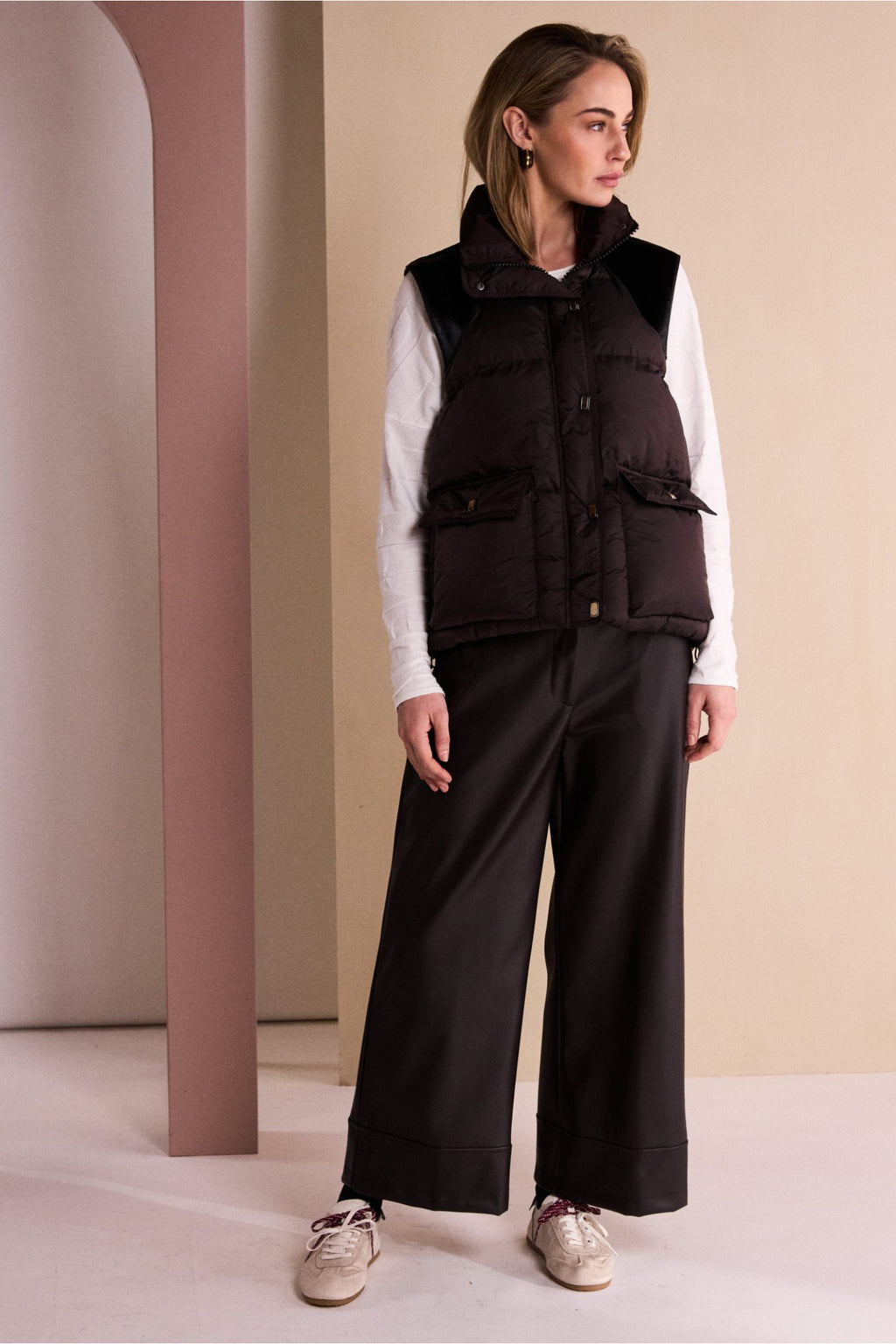 Naya NAW26176 Brown Quilted Waistcoat With Drawstring Hem With Contrast Shoulder