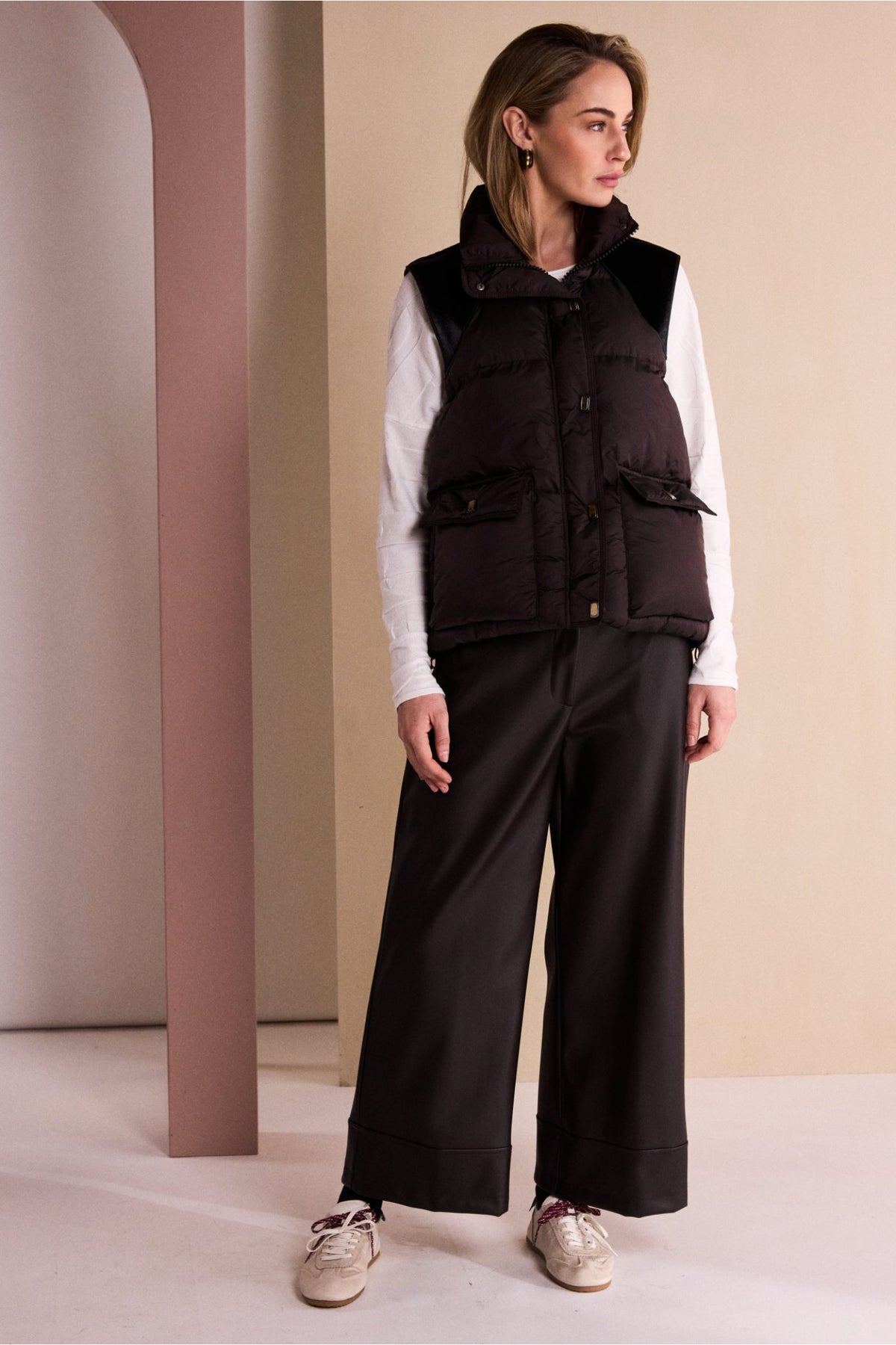 Naya NAW26176 Brown Quilted Waistcoat With Drawstring Hem With Contrast Shoulder