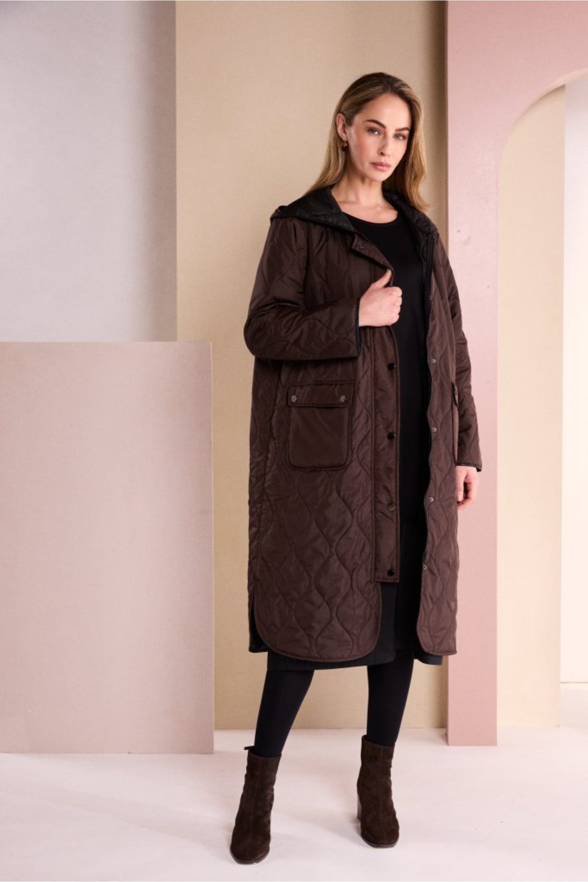 Naya NAW26196 Choko Brown Padded Coat With Pocket And Stud Detail