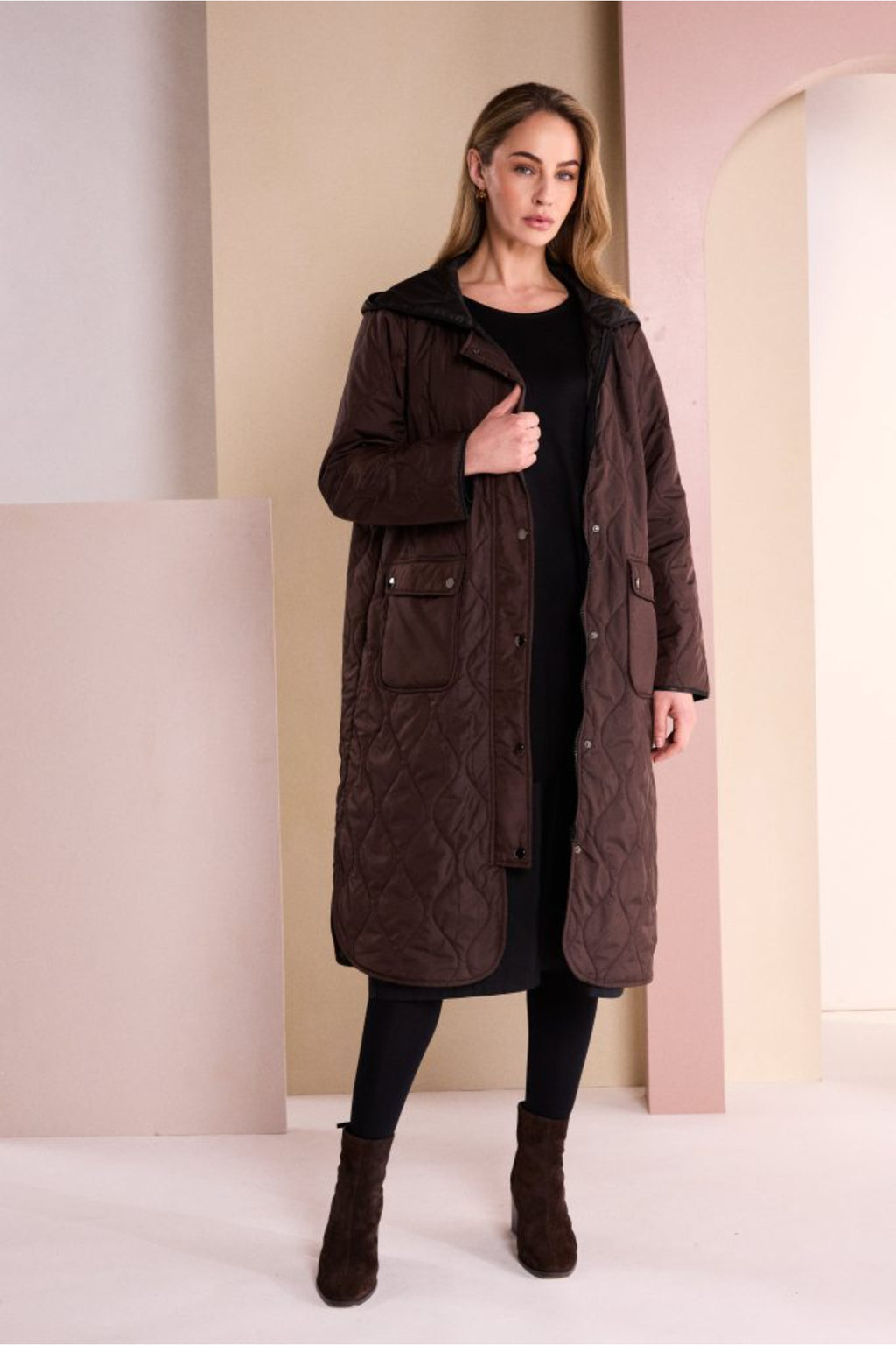 Naya NAW26196 Choko Brown Padded Coat With Pocket And Stud Detail