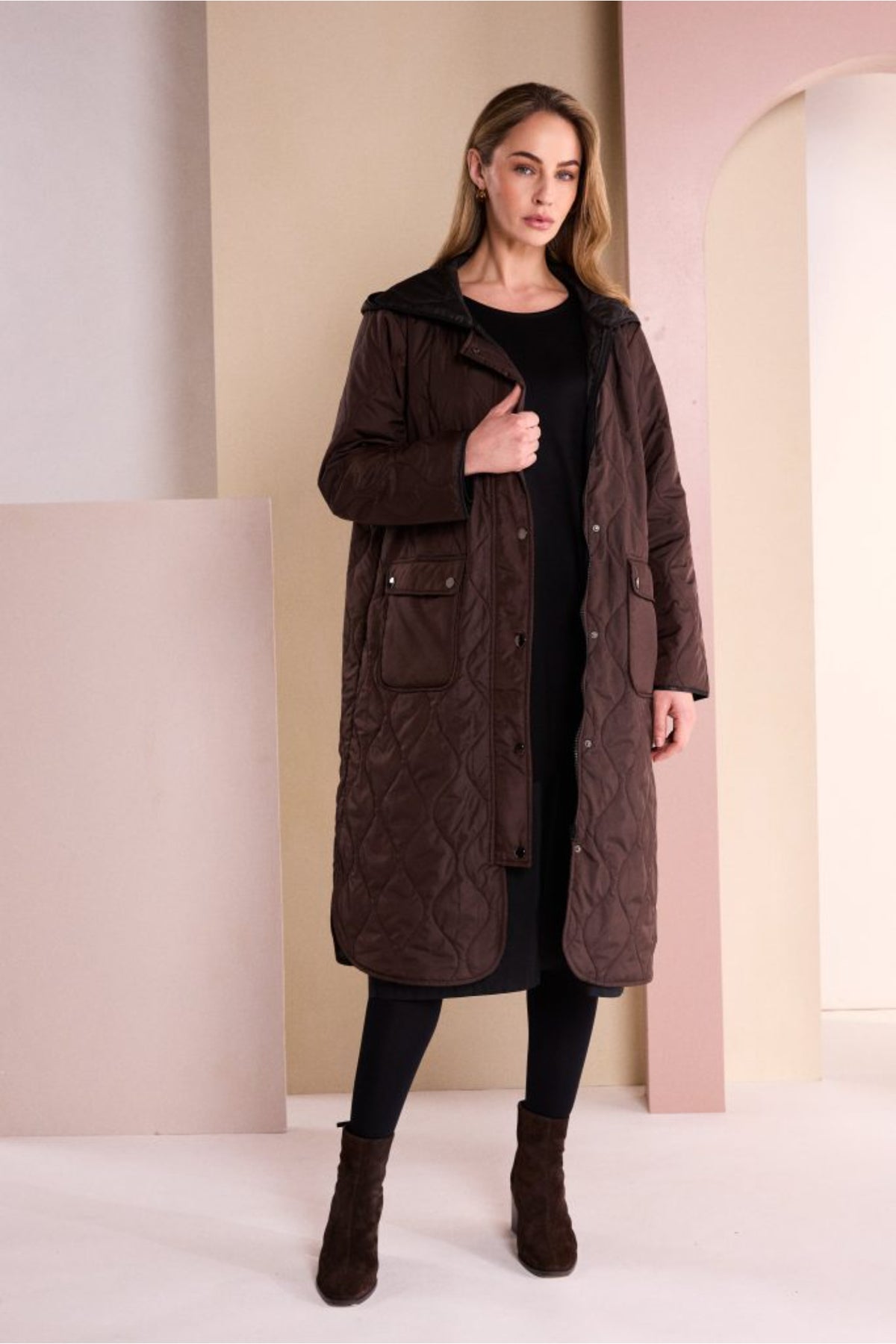 Naya NAW26196 Choko Brown Padded Coat With Pocket And Stud Detail