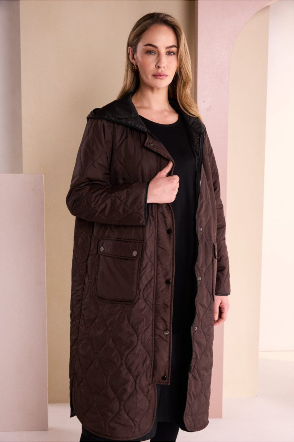 Naya NAW26196 Choko Brown Padded Coat With Pocket And Stud Detail