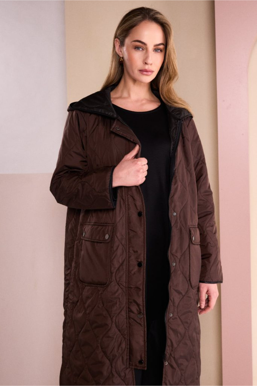 Naya NAW26196 Choko Brown Padded Coat With Pocket And Stud Detail
