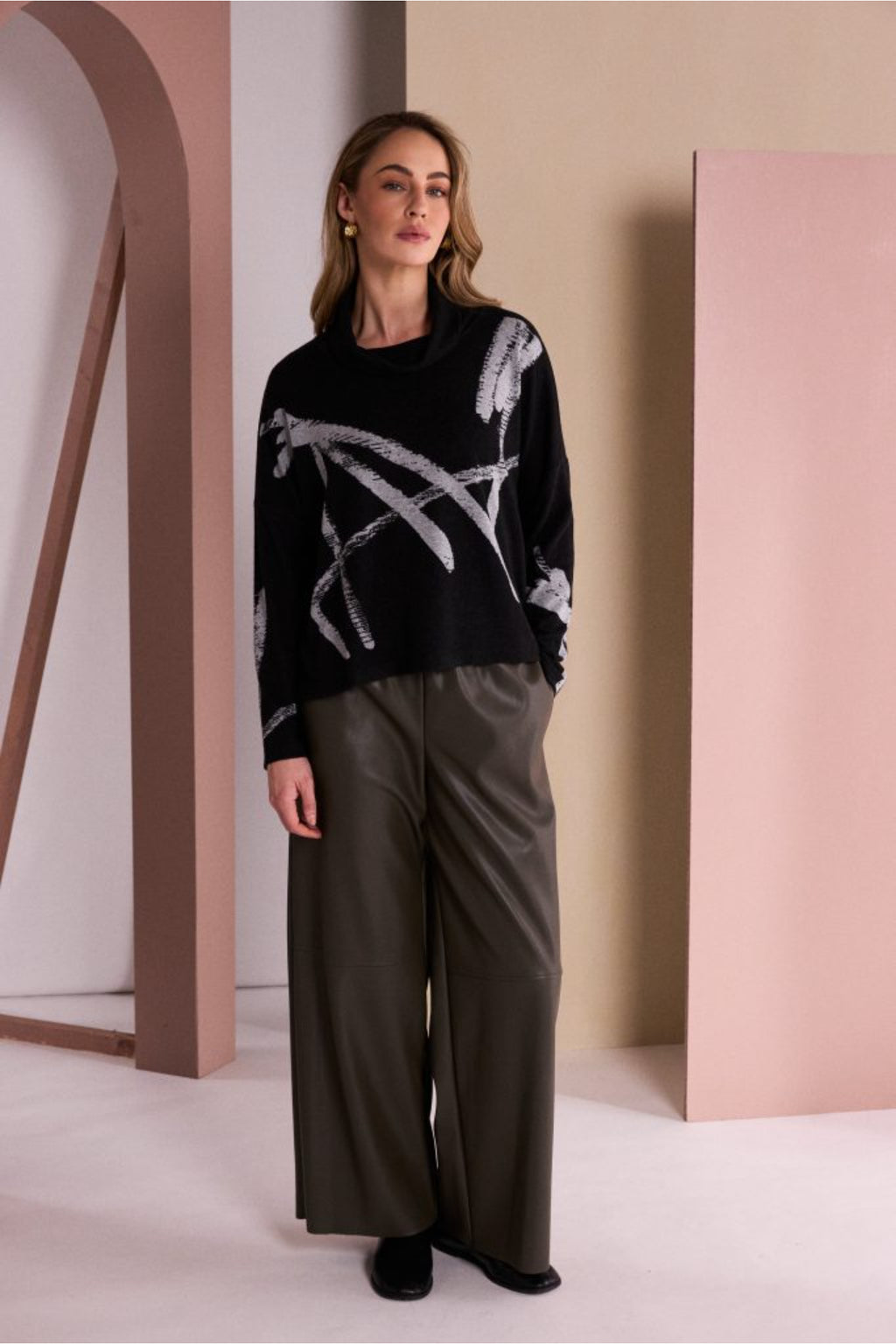Naya NAW26202 Brush Stroke Print High Neck Top Black/Silver