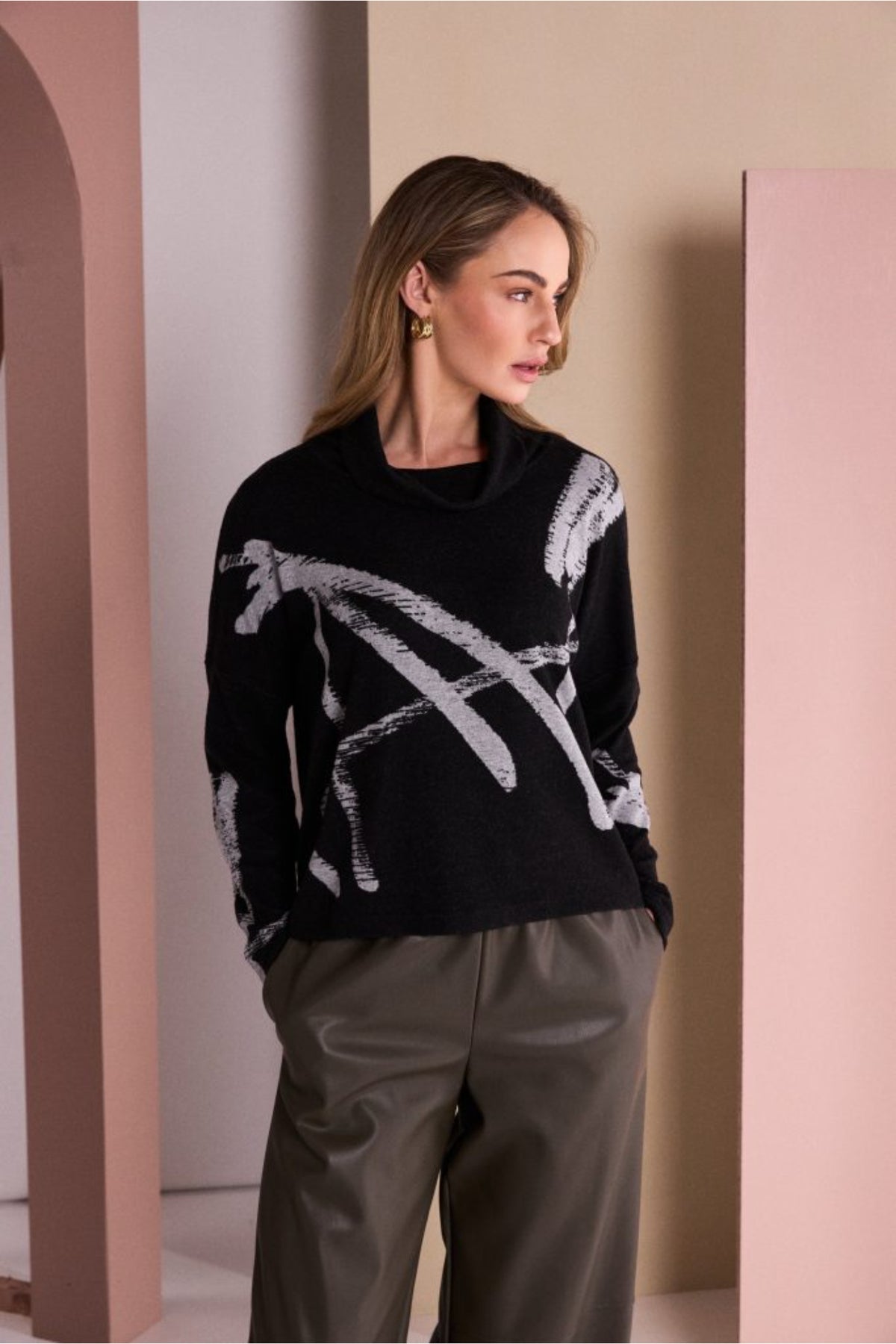 Naya NAW26202 Brush Stroke Print High Neck Top Black/Silver
