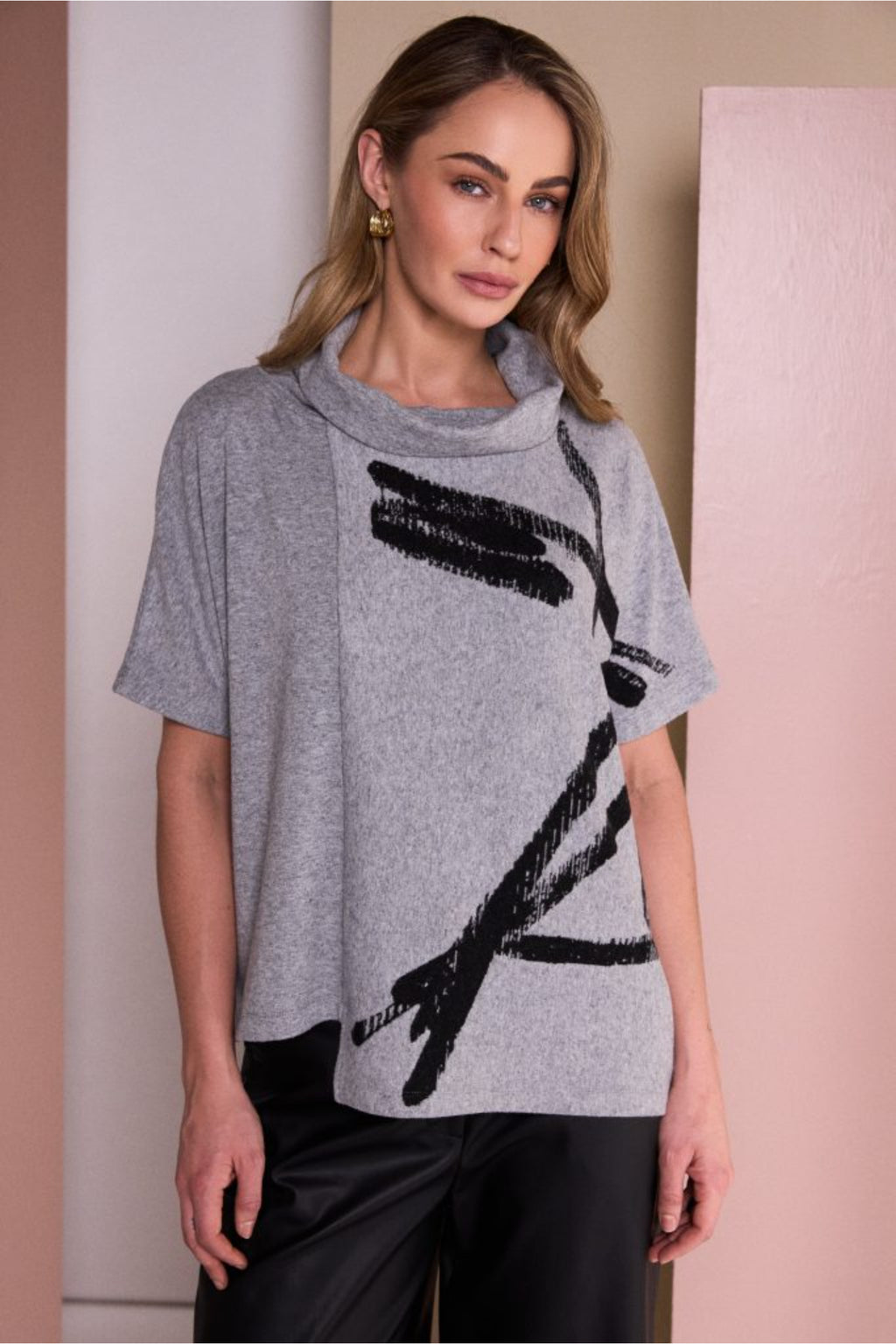 Naya NAW26204 Brush Stroke Print Square Shaped High Neck Top Silver/Black