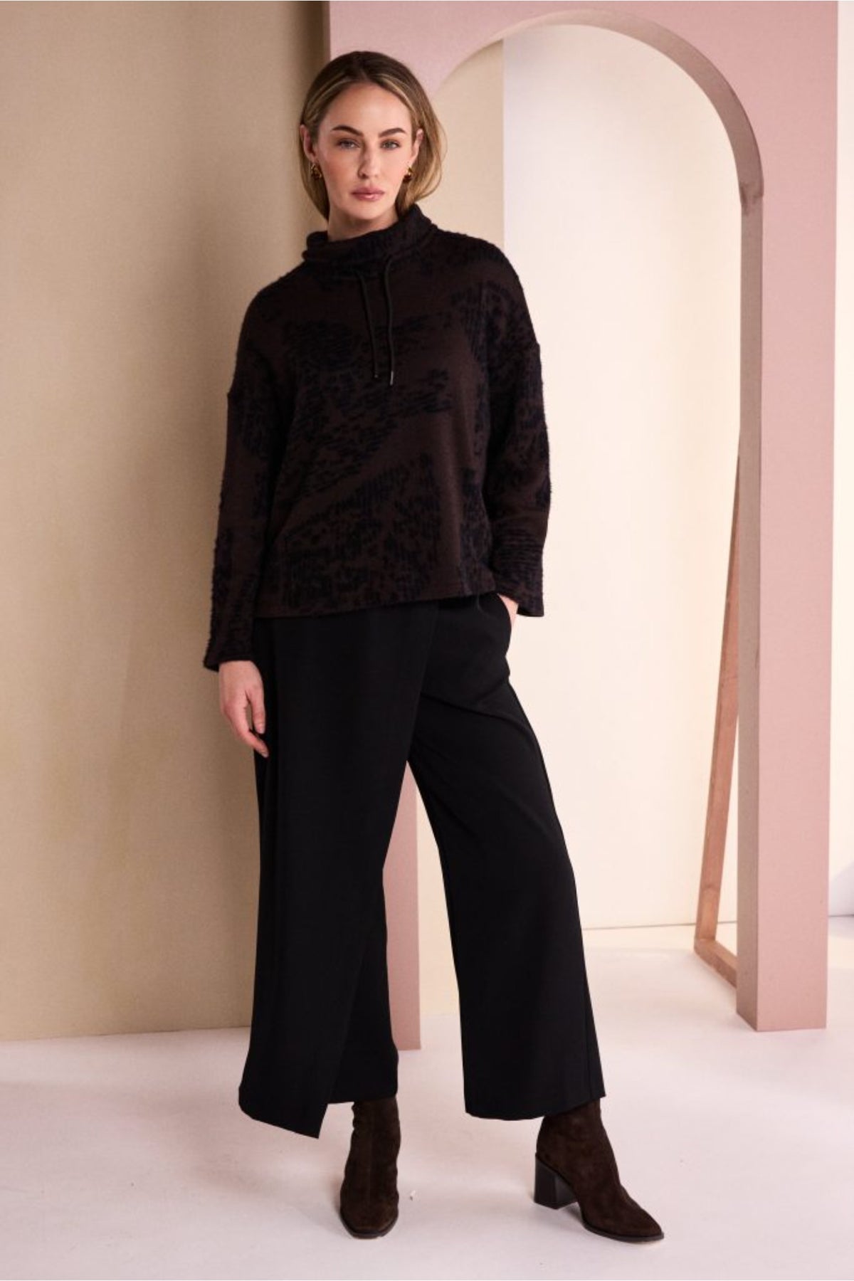 Naya NAW26238 Flocked Placement Print High Neck Knit Top Black/Choko