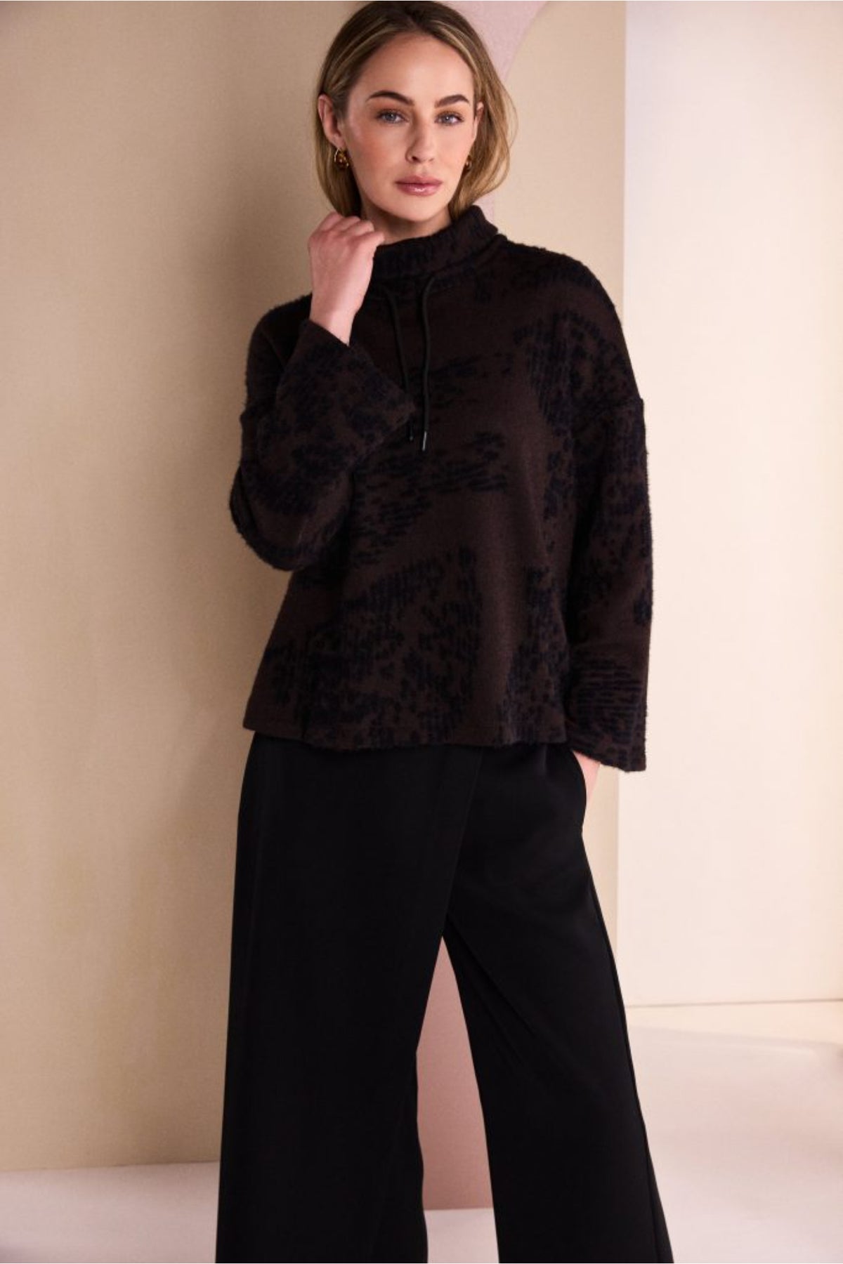 Naya NAW26238 Flocked Placement Print High Neck Knit Top Black/Choko