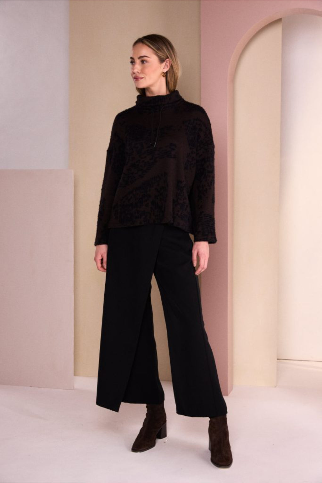Naya NAW26238 Flocked Placement Print High Neck Knit Top Black/Choko