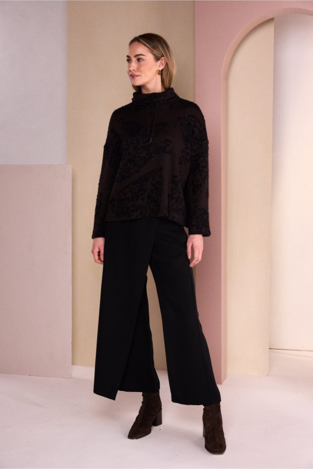 Naya NAW26238 Flocked Placement Print High Neck Knit Top Black/Choko