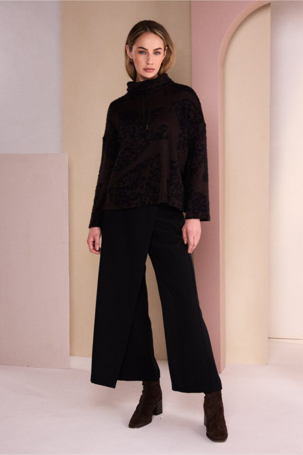 Naya NAW26238 Flocked Placement Print High Neck Knit Top Black/Choko