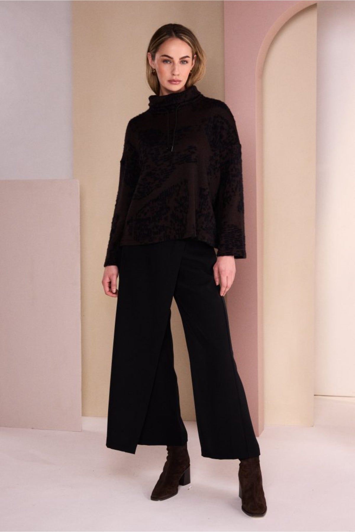 Naya NAW26238 Flocked Placement Print High Neck Knit Top Black/Choko