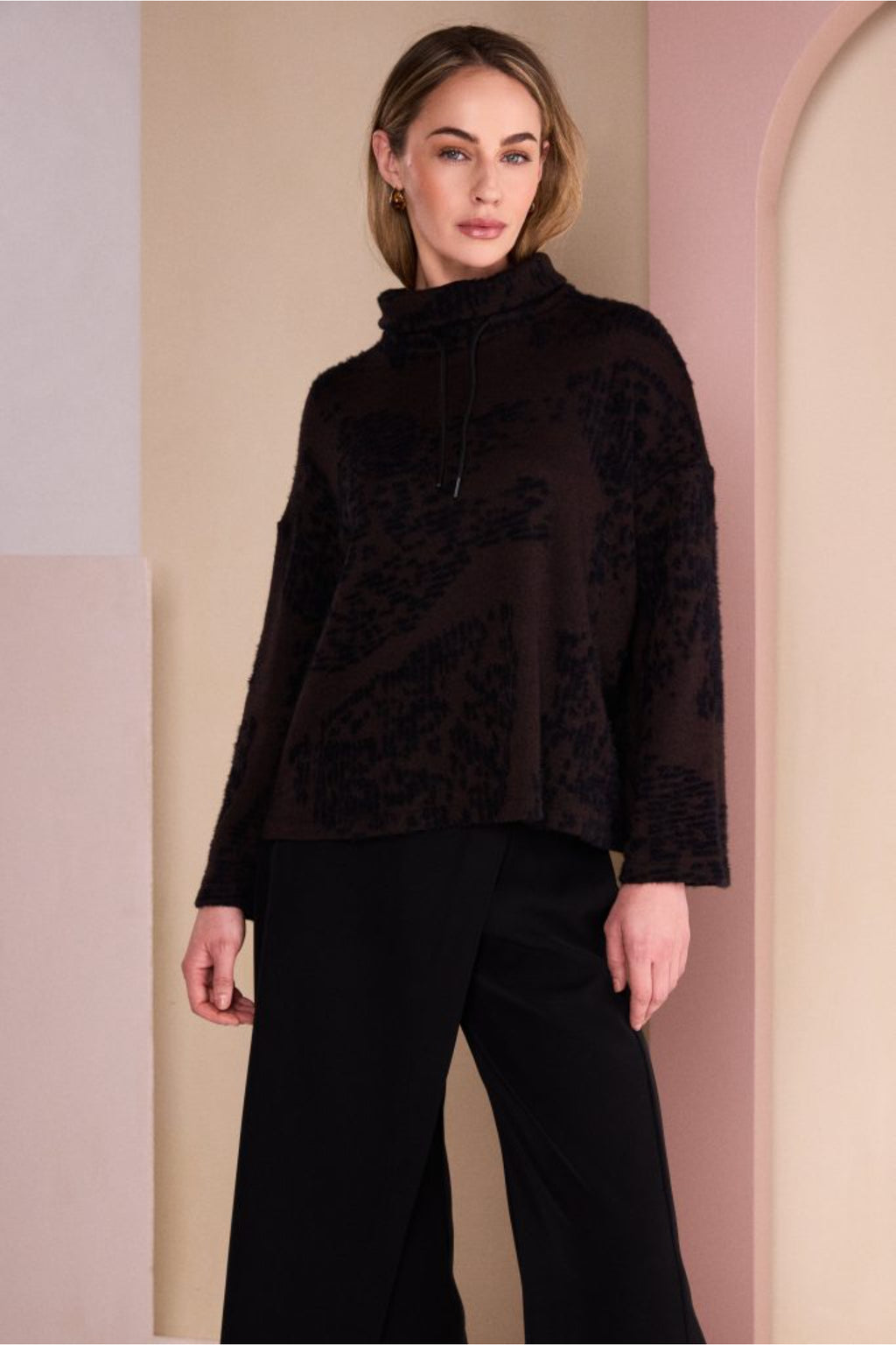 Naya NAW26238 Flocked Placement Print High Neck Knit Top Black/Choko