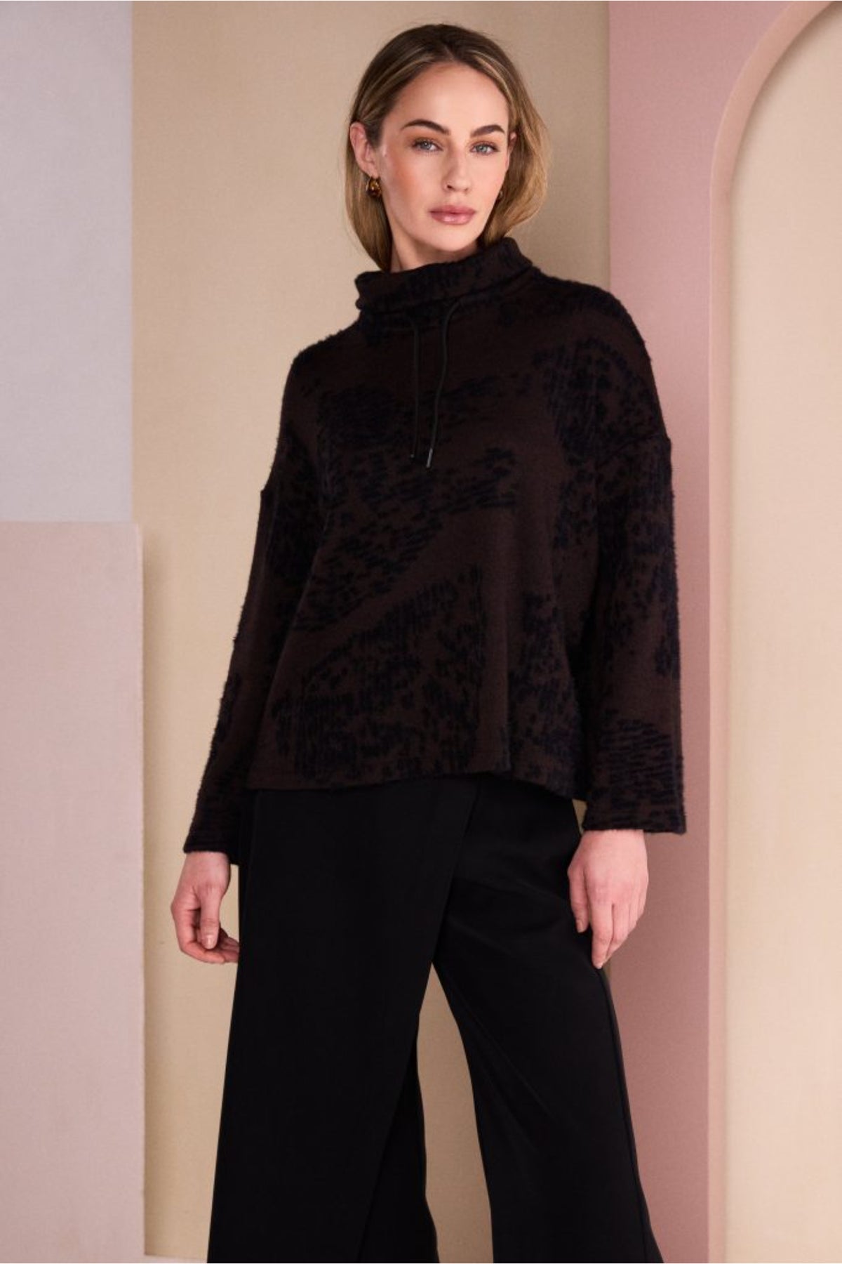 Naya NAW26238 Flocked Placement Print High Neck Knit Top Black/Choko