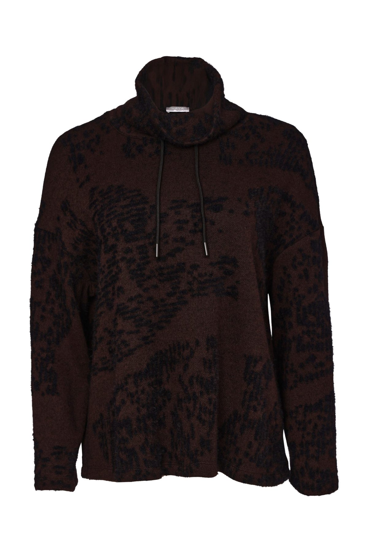 Naya NAW26238 Flocked Placement Print High Neck Knit Top Black/Choko