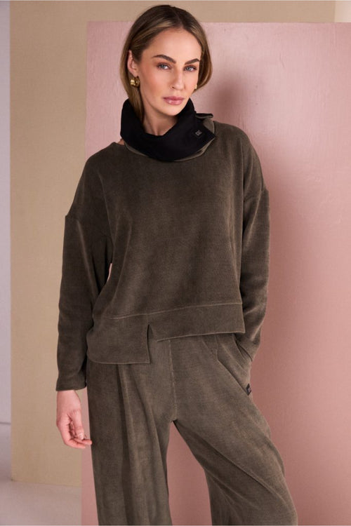 Naya NAW26254 Army Green Ribbed Round Neck Top worn by model Shop Naya at Dotique
