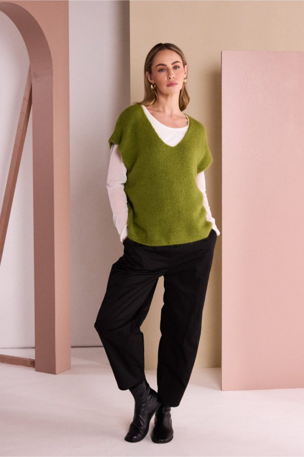 Naya NAW26284 Vee Neck Soft Knit with Extended Shoulder Avocado