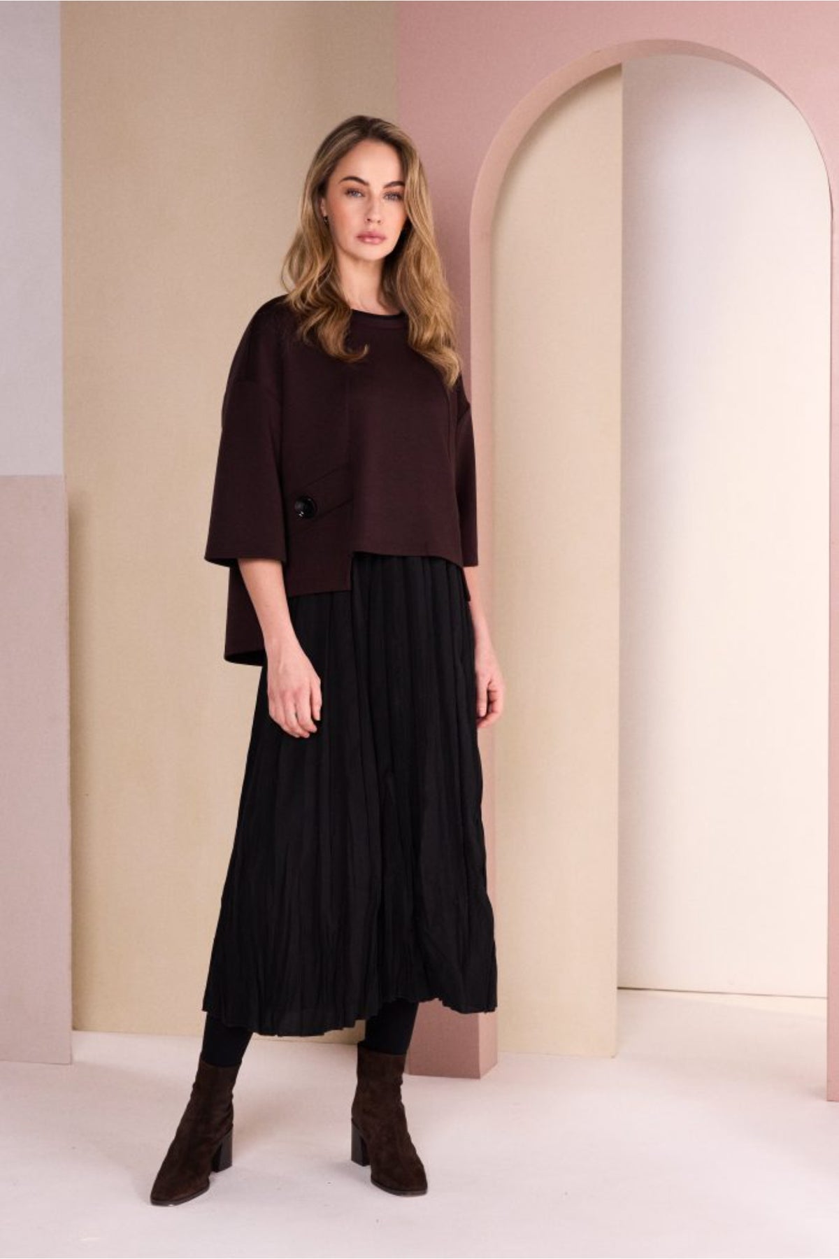 Naya NAW26315 Two Piece Crushed Black Dress With Brown Overtop
