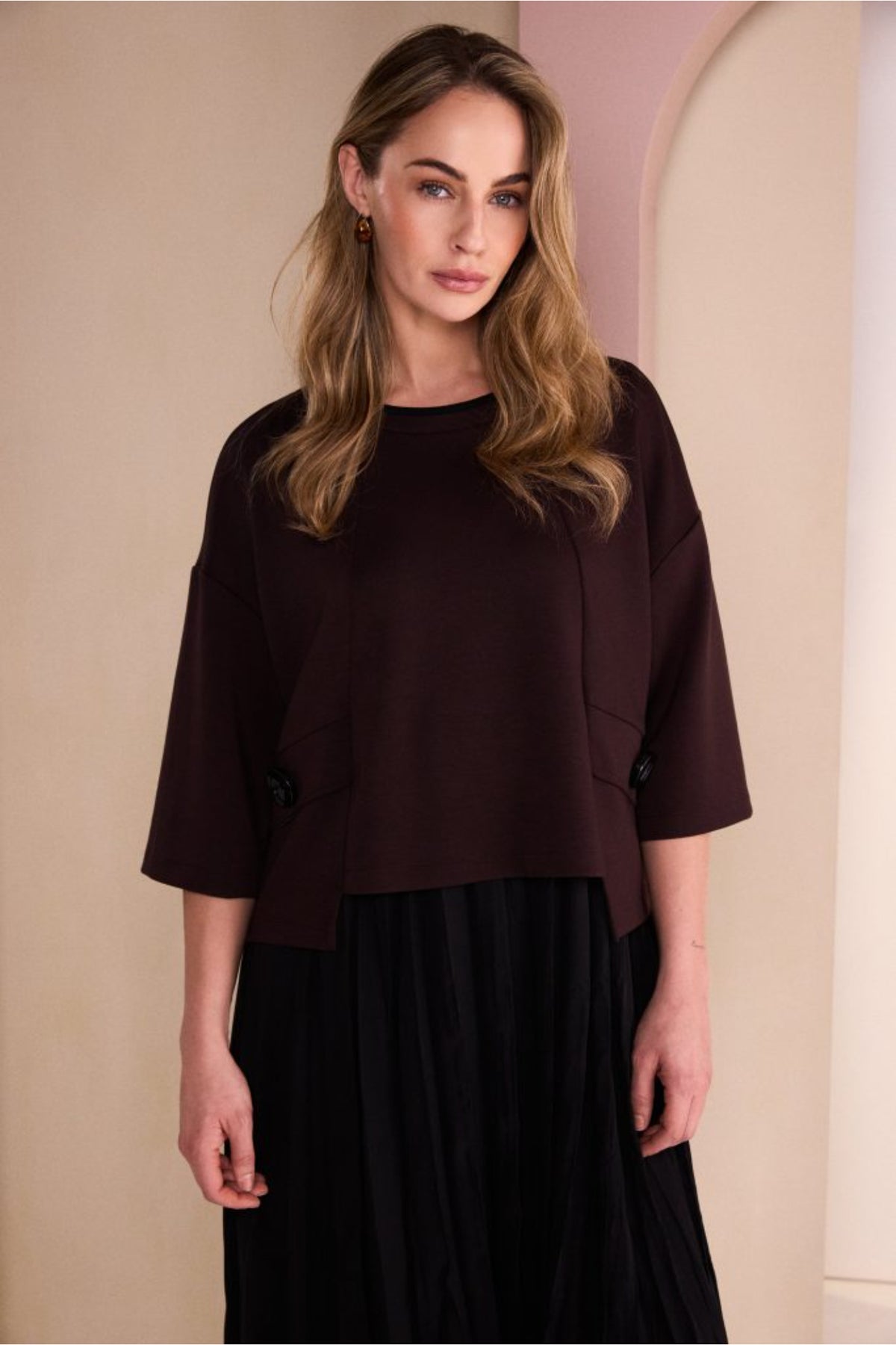Naya NAW26315 Two Piece Crushed Black Dress With Brown Overtop