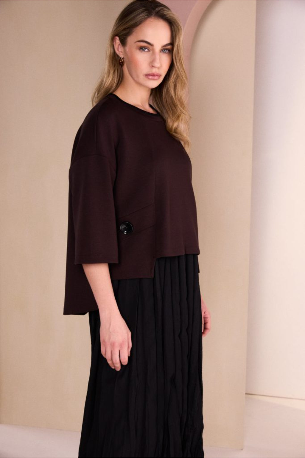 Naya NAW26315 Two Piece Crushed Black Dress With Brown Overtop