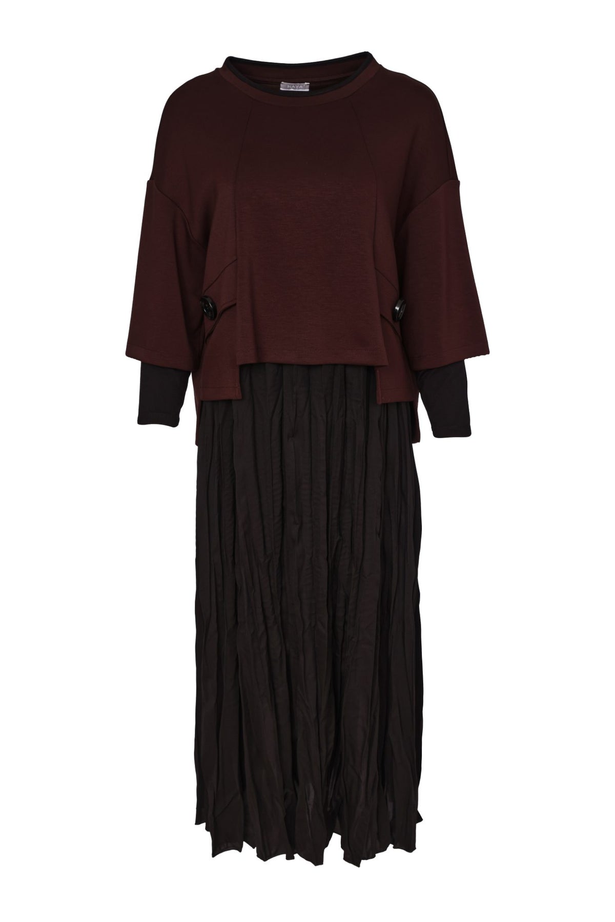 Naya NAW26315 Two Piece Crushed Black Dress With Brown Overtop