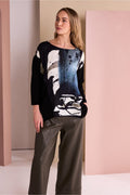 Naya NAW26321 Black Print Round Neck Top With Contrast Sleeve