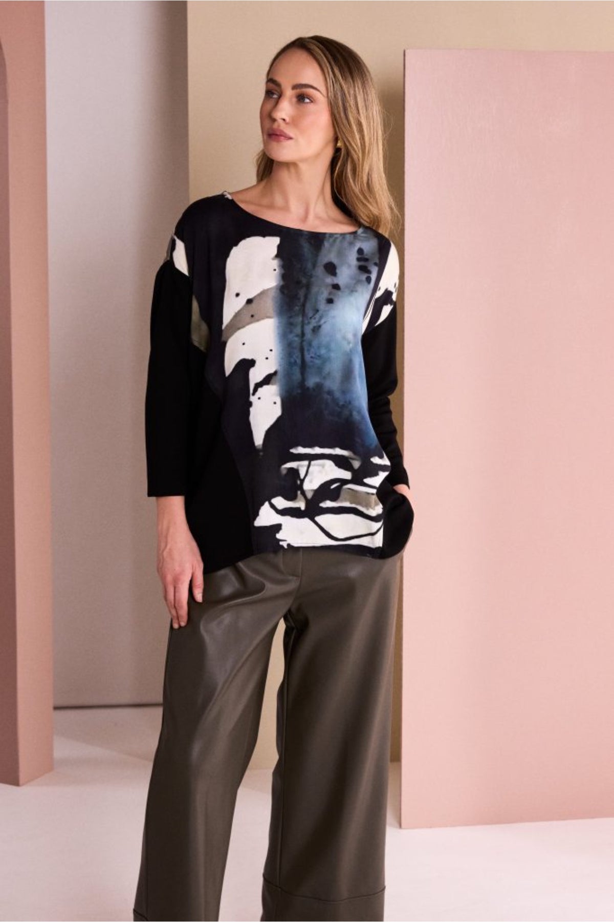 Naya NAW26321 Black Print Round Neck Top With Contrast Sleeve