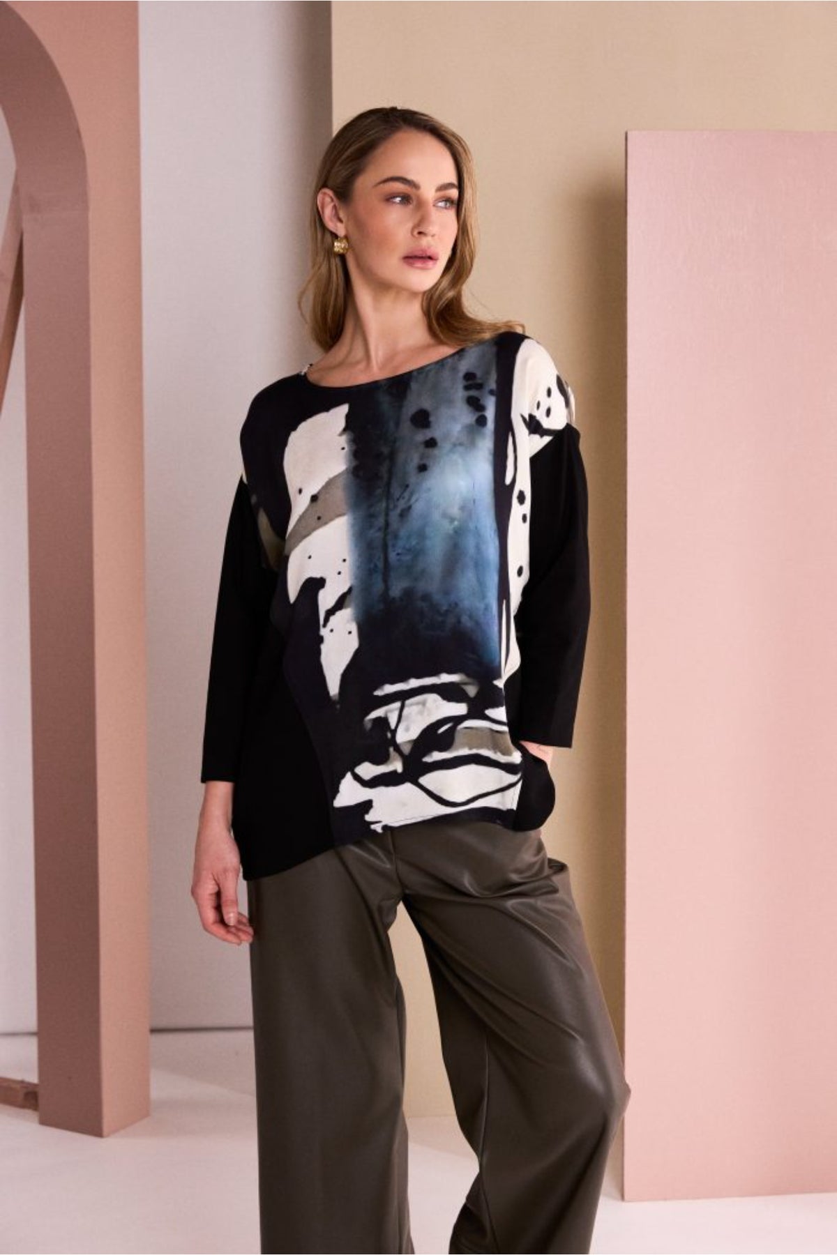 Naya NAW26321 Black Print Round Neck Top With Contrast Sleeve