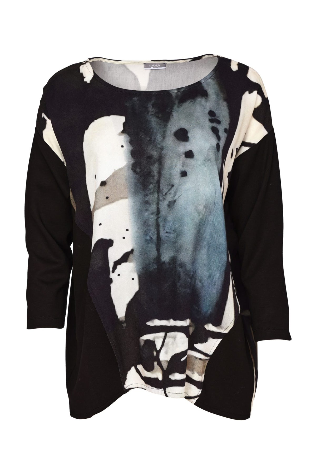 Naya NAW26321 Black Print Round Neck Top With Contrast Sleeve