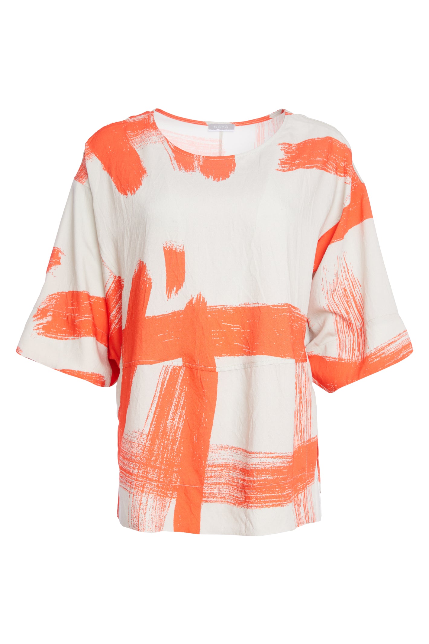 NAYA paintwork print top in coral and ivory featuring an abstract brushstroke design, round neckline, deep cuffed short sleeves and a relaxed fit with a shaped hemline. Shop at Dotique Chesterfield.