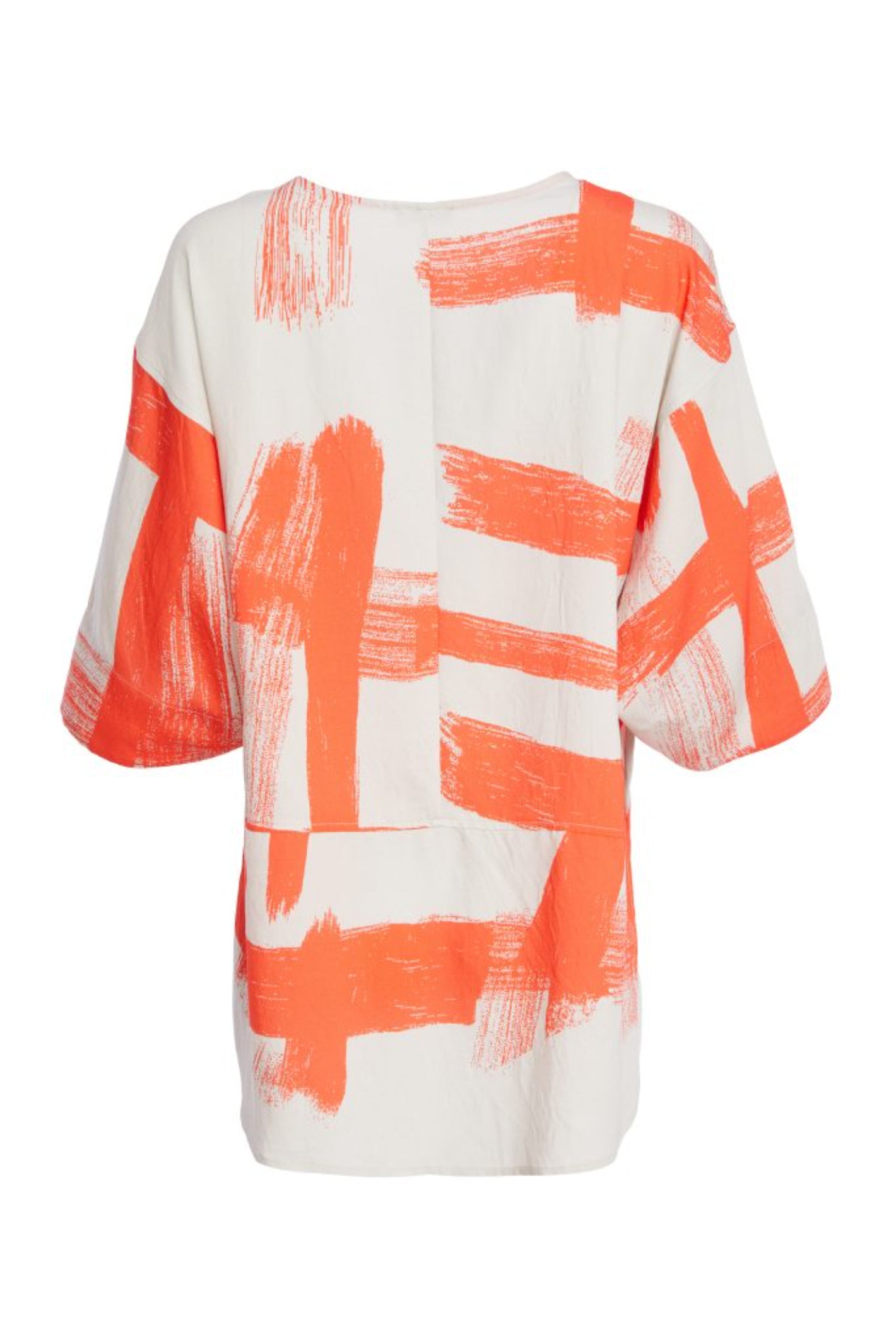 NAYA paintwork print top in coral and ivory featuring an abstract brushstroke design, round neckline, deep cuffed short sleeves and a relaxed fit with a shaped hemline. Shop at Dotique Chesterfield.