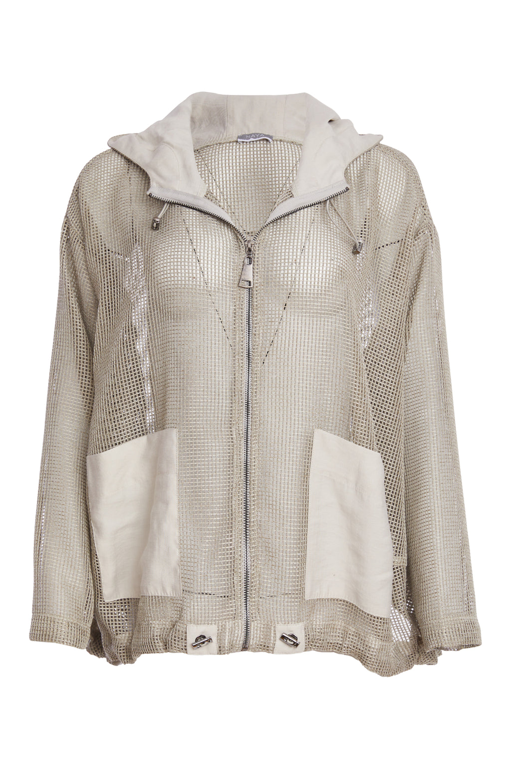 NAYA sand mesh hooded jacket featuring a zip front, contrast patch pockets, drawstring hem and relaxed fit design.
Shop now at Dotique.
