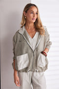 NAYA sand mesh hooded jacket featuring a zip front, contrast patch pockets, drawstring hem and relaxed fit design.