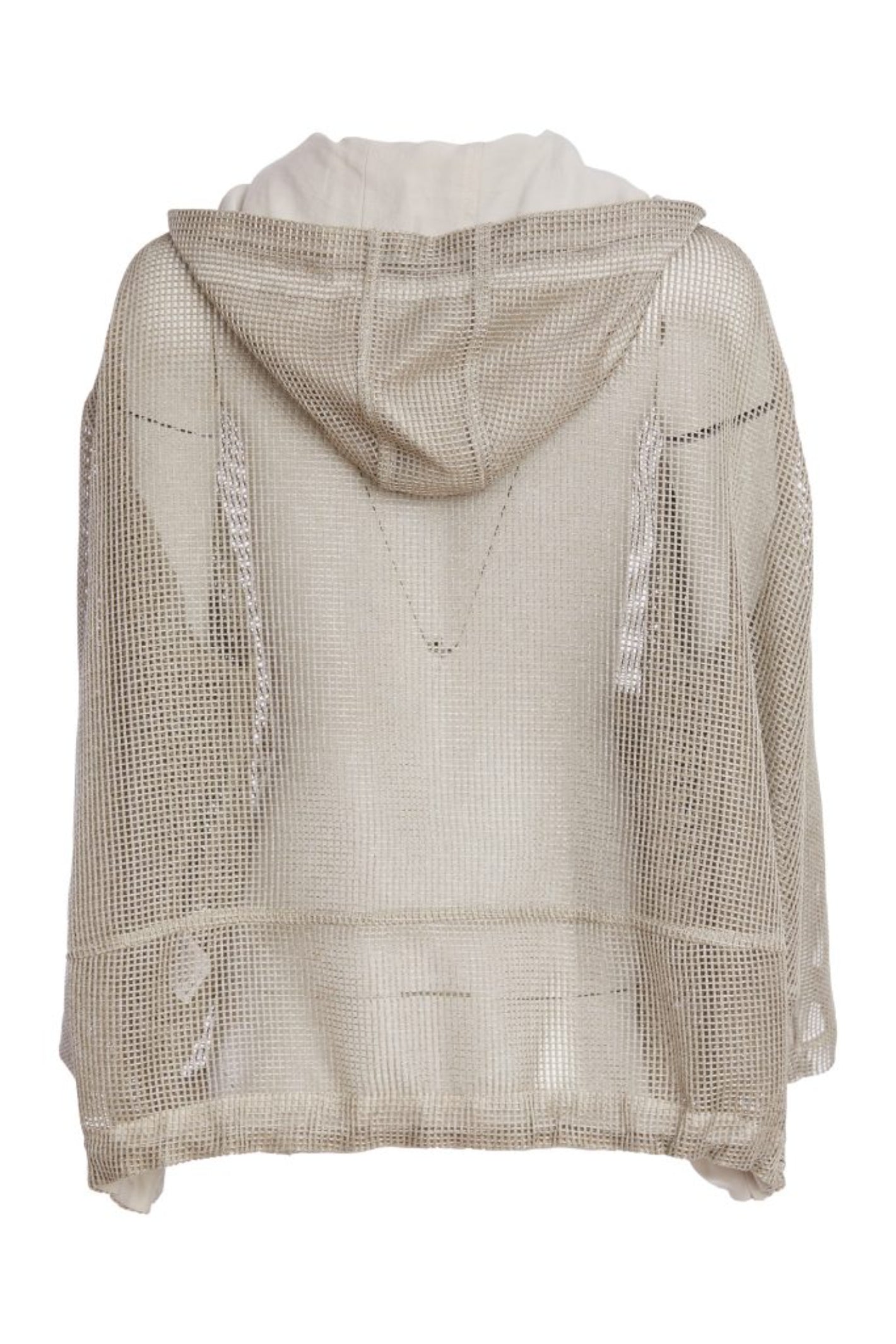 NAYA sand mesh hooded jacket featuring a zip front, contrast patch pockets, drawstring hem and relaxed fit design.
Shop now at Dotique.